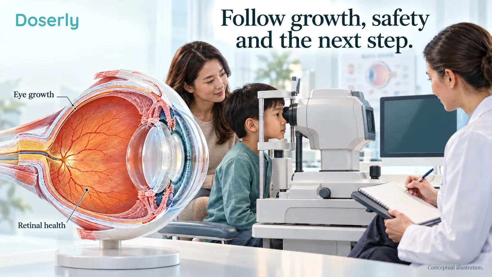 A child and parent attend an eye examination beside a conceptual eye model and a blank follow-up notebook.