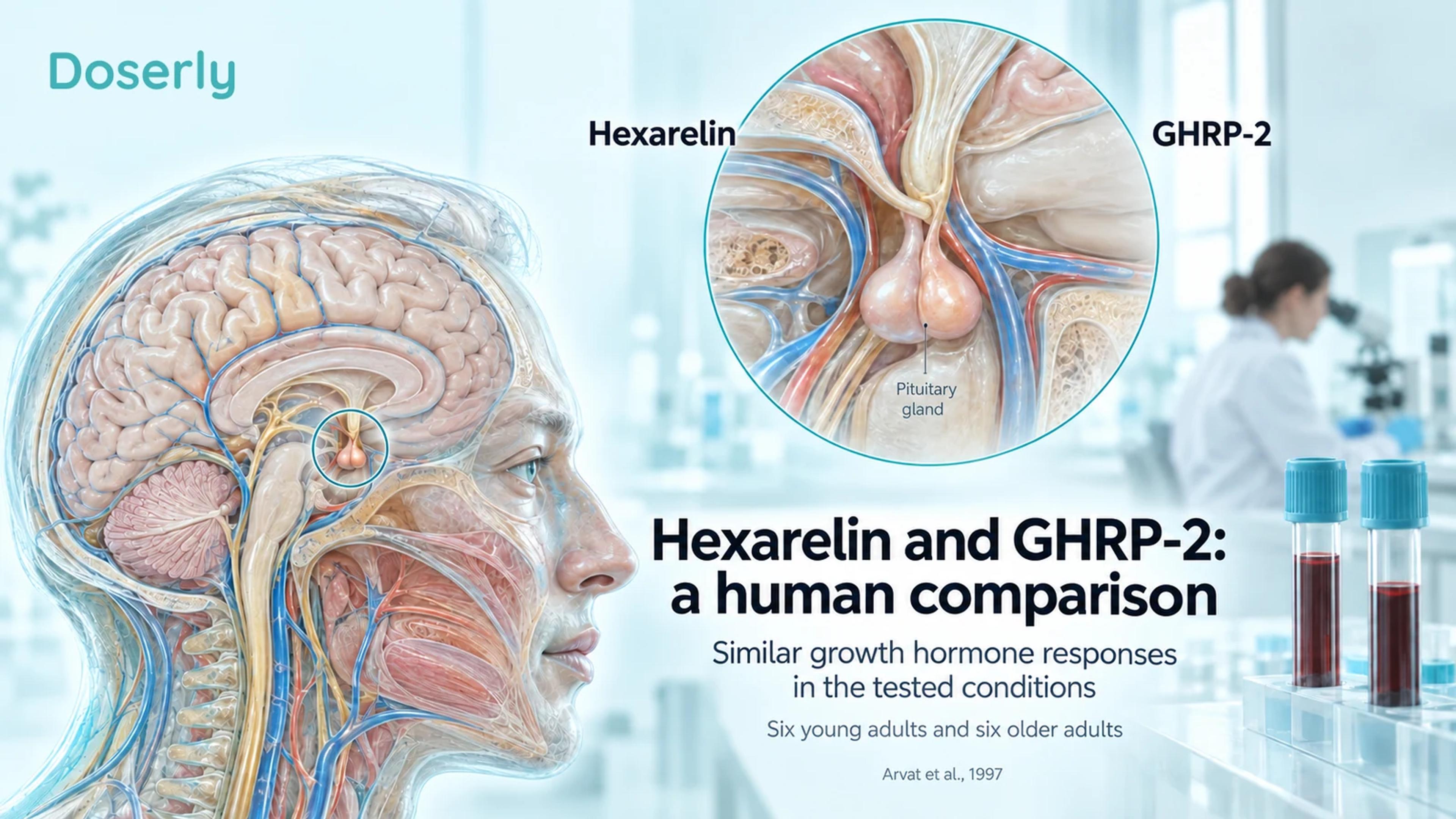 Medical illustration of the pituitary and blood samples for a human comparison of hexarelin and GHRP-2