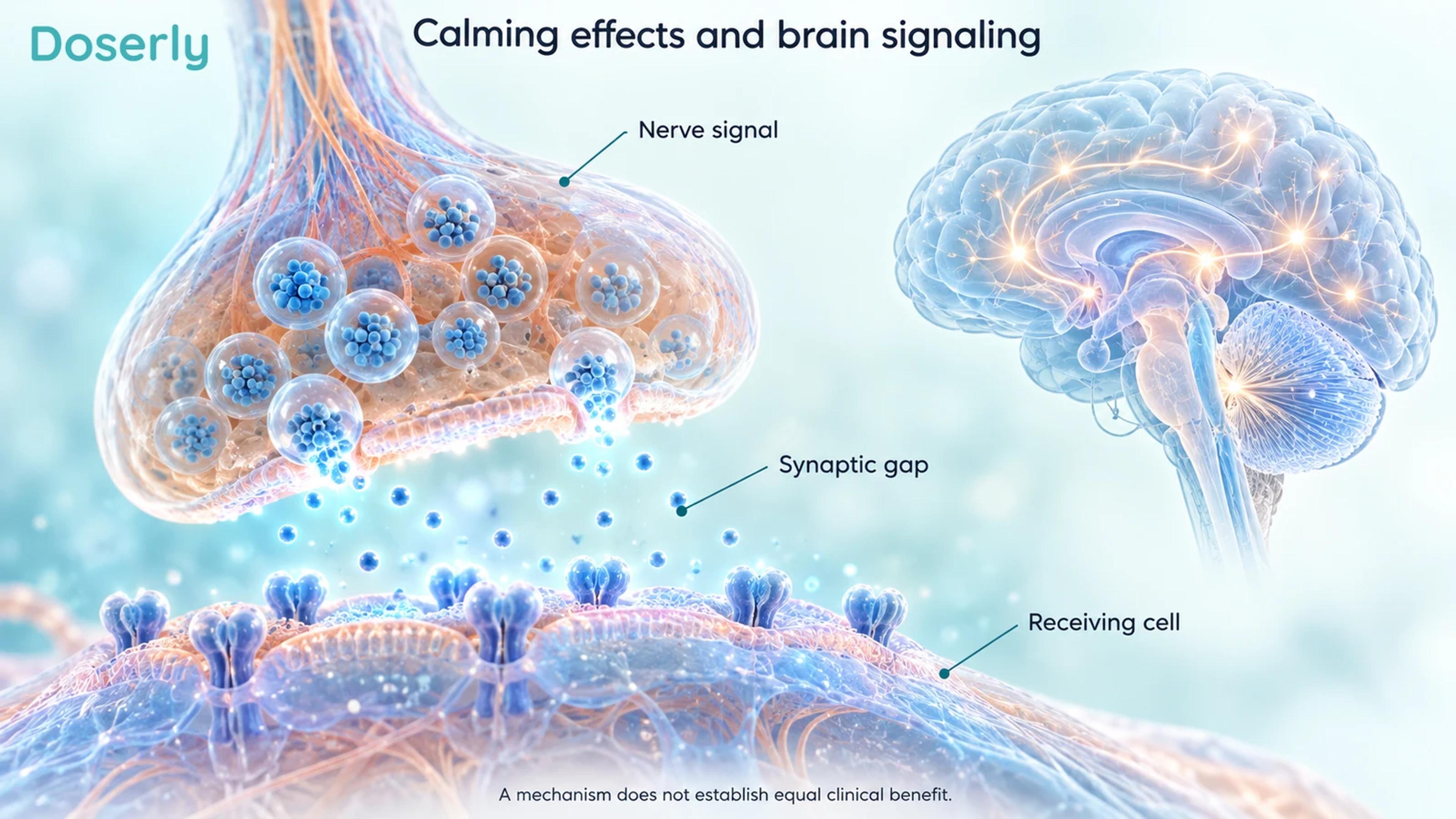 A detailed conceptual nerve junction beside a translucent brain illustrates signaling without identifying a Selank receptor target.