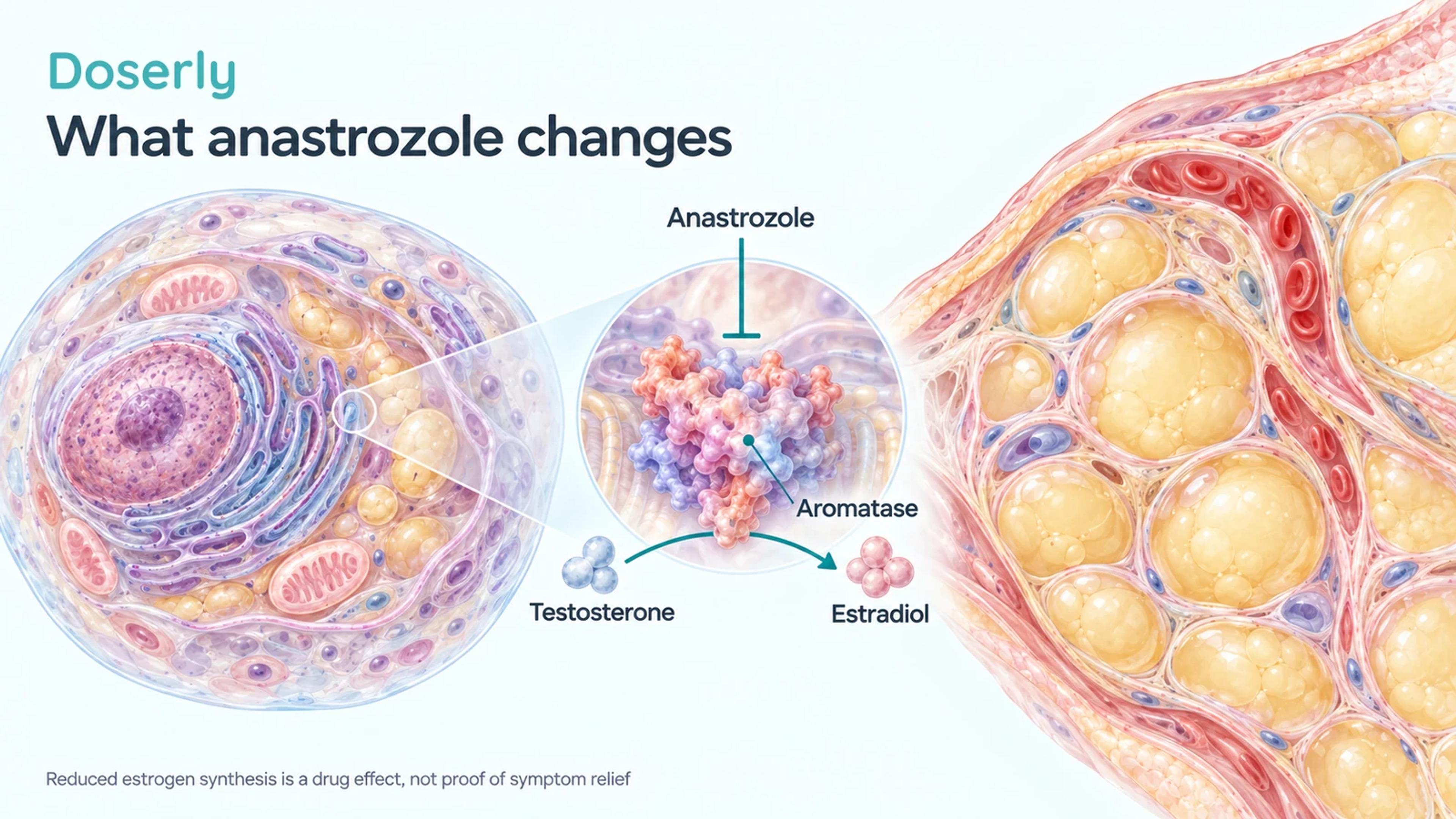 Detailed cell and fat-tissue illustrations with a conceptual aromatase-inhibition diagram.