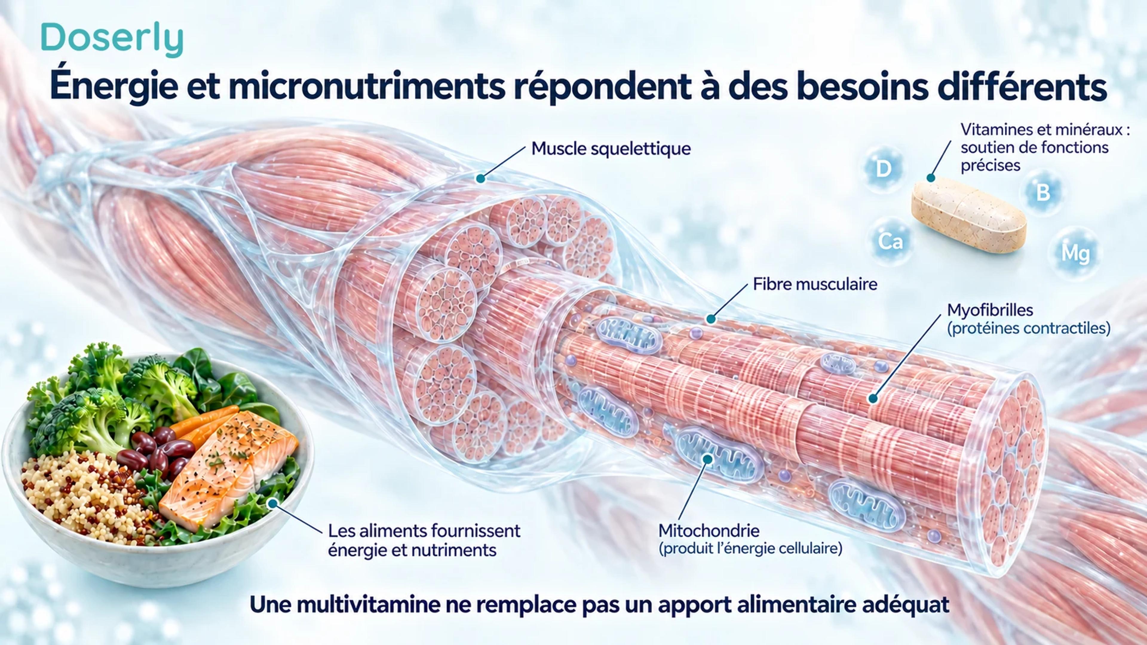 Illustration de style atlas médical du muscle squelettique et des mitochondries à côté d’un repas équilibré et d’un comprimé de vitamines, distinguant l’énergie alimentaire des micronutriments.