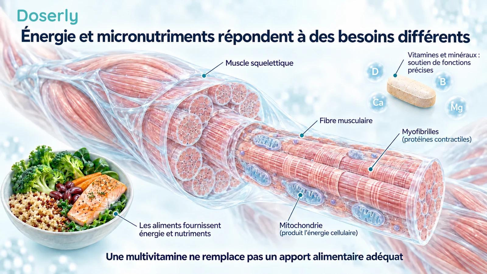 Illustration de style atlas médical du muscle squelettique et des mitochondries à côté d’un repas équilibré et d’un comprimé de vitamines, distinguant l’énergie alimentaire des micronutriments.