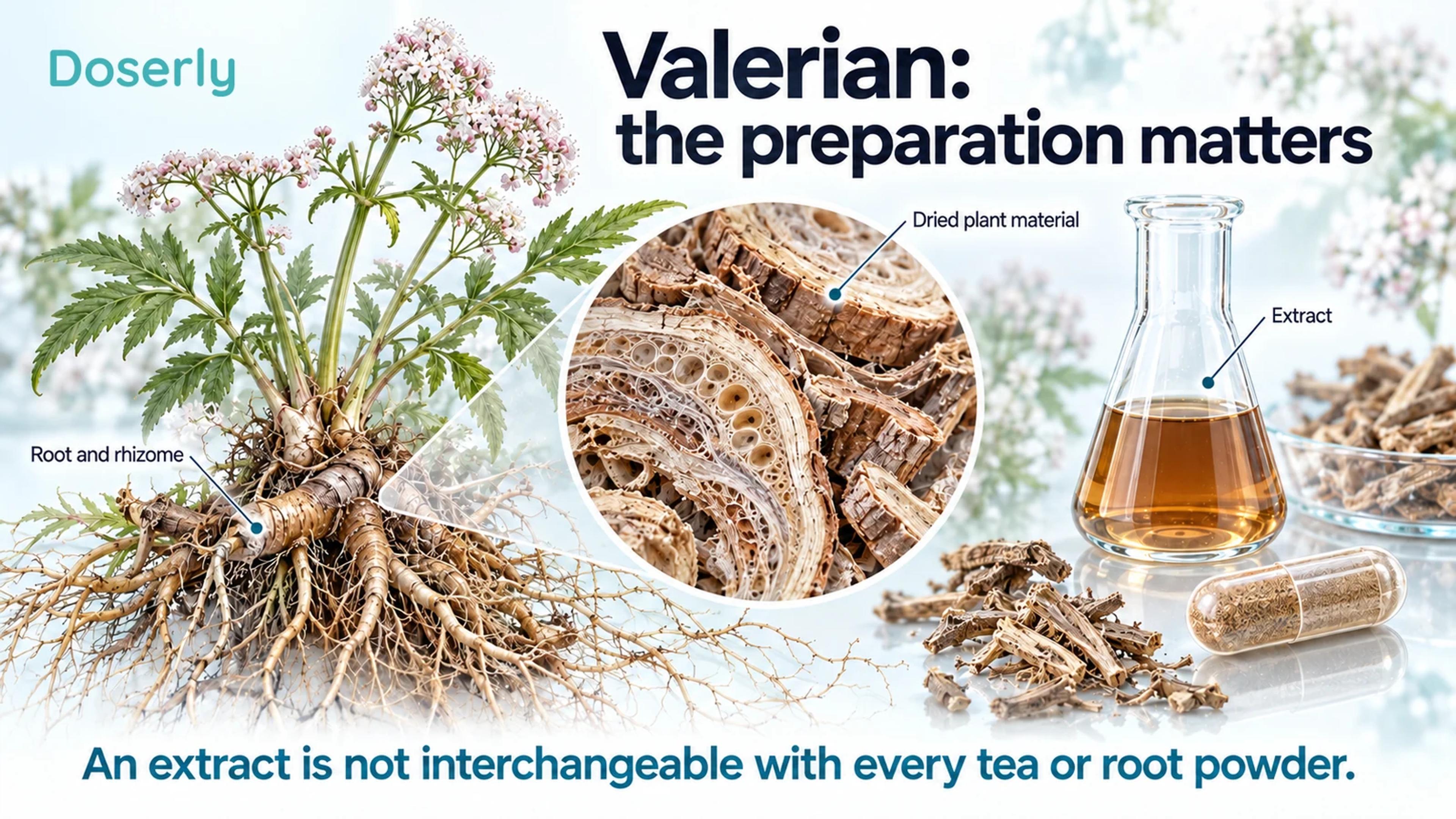 Detailed valerian plant, roots and rhizome, dried root tissue and an extract preparation illustrate why products are not interchangeable.