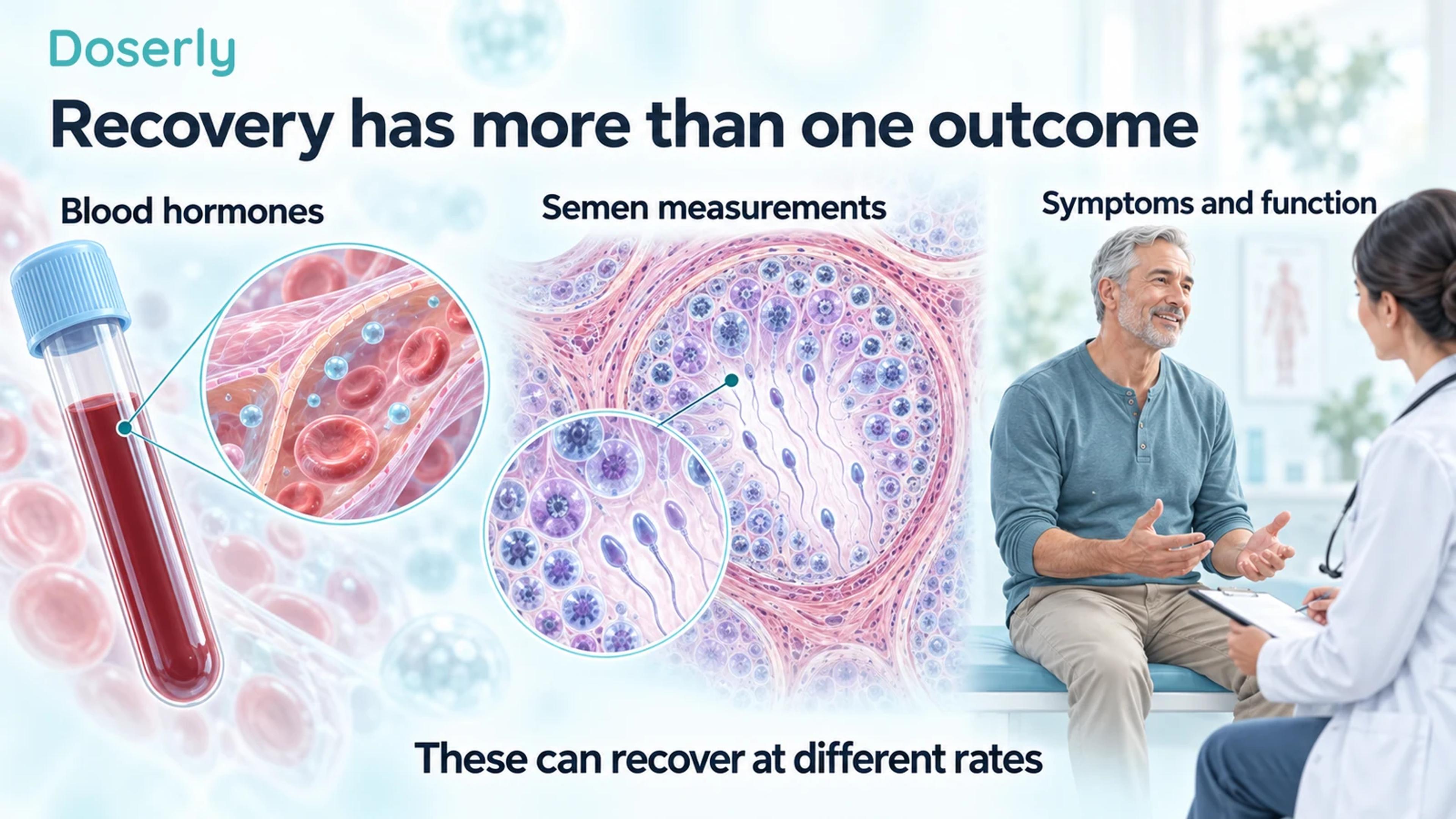 A blood sample, microscopic reproductive tissue and a clinical conversation illustrate hormone, semen and symptom outcomes.