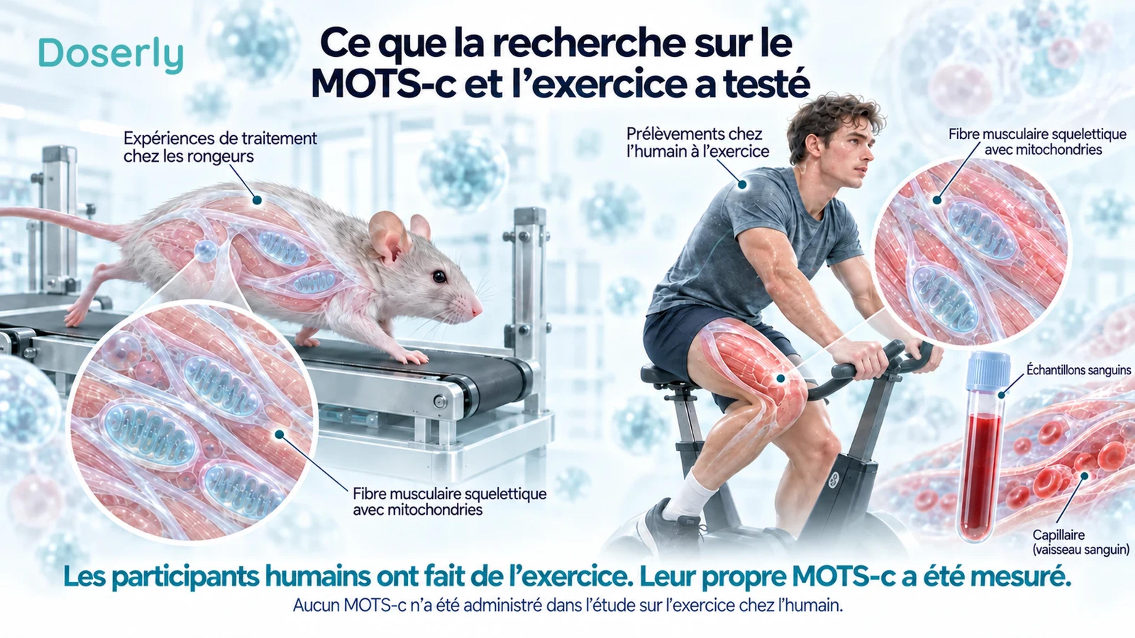 Une souris de laboratoire sur un tapis roulant, à côté d’une scène distincte de prélèvements chez un humain faisant du vélo stationnaire.