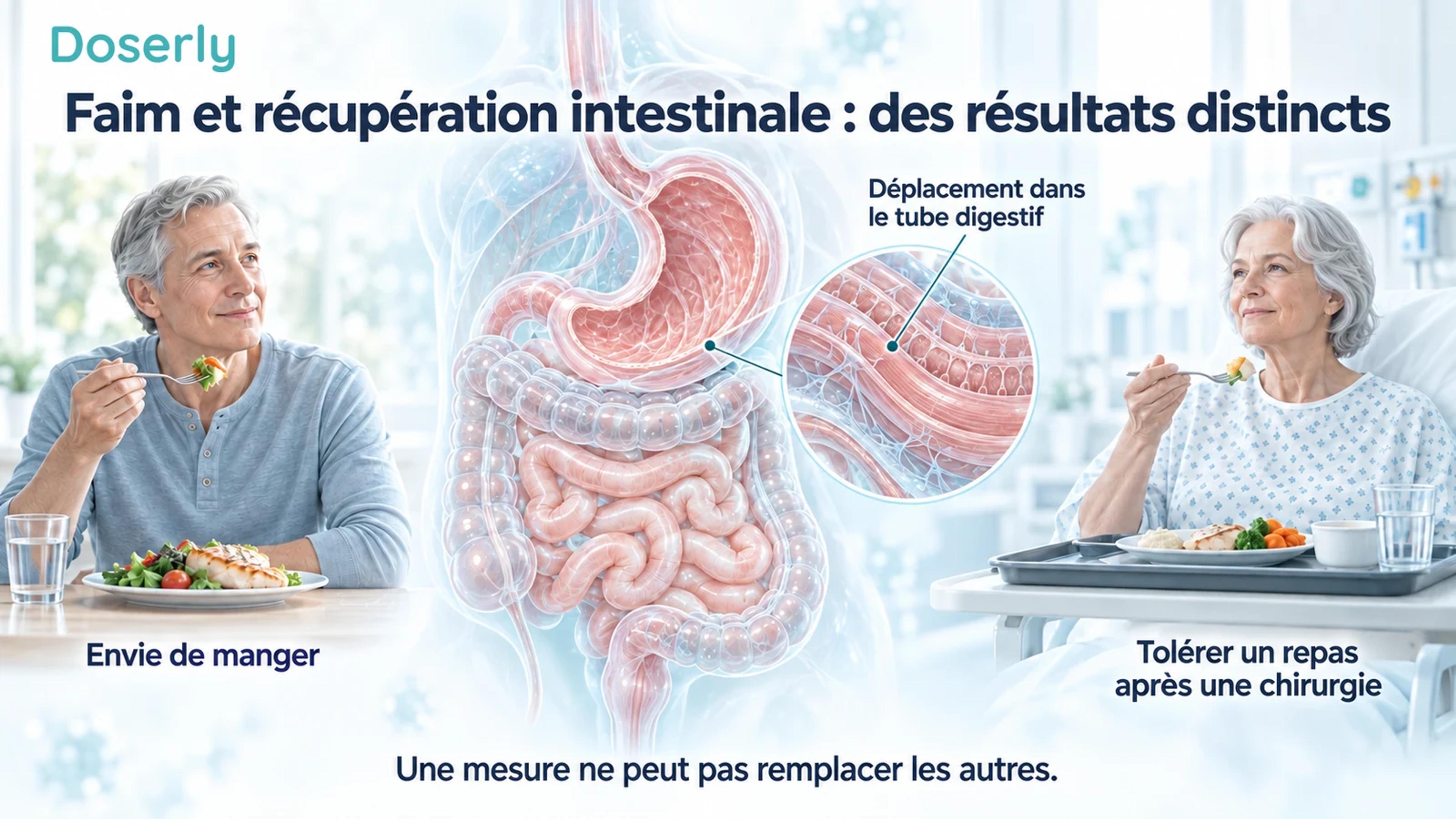 Un adulte qui mange, une vue en coupe de la paroi intestinale et un repas postopératoire illustrent la faim, le transit et la tolérance aux repas.