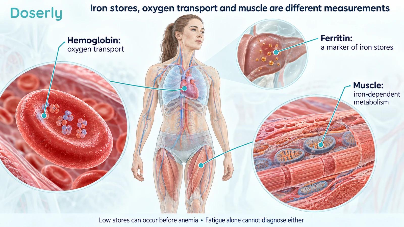 Illustrated athlete anatomy with red blood cells, liver iron storage and muscle mitochondria.