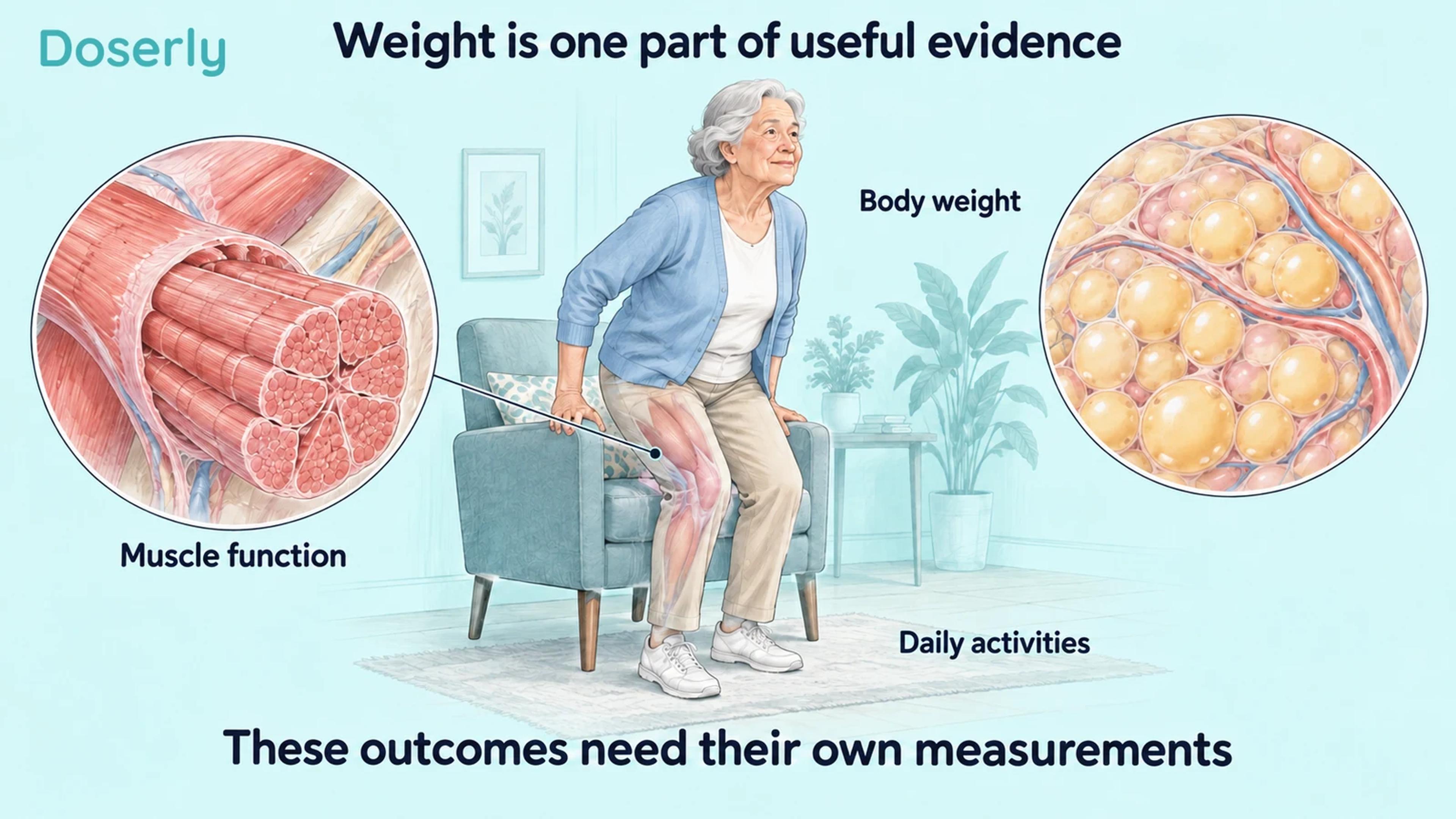 Illustrated older adult rising from a chair with muscle and adipose tissue magnifications.