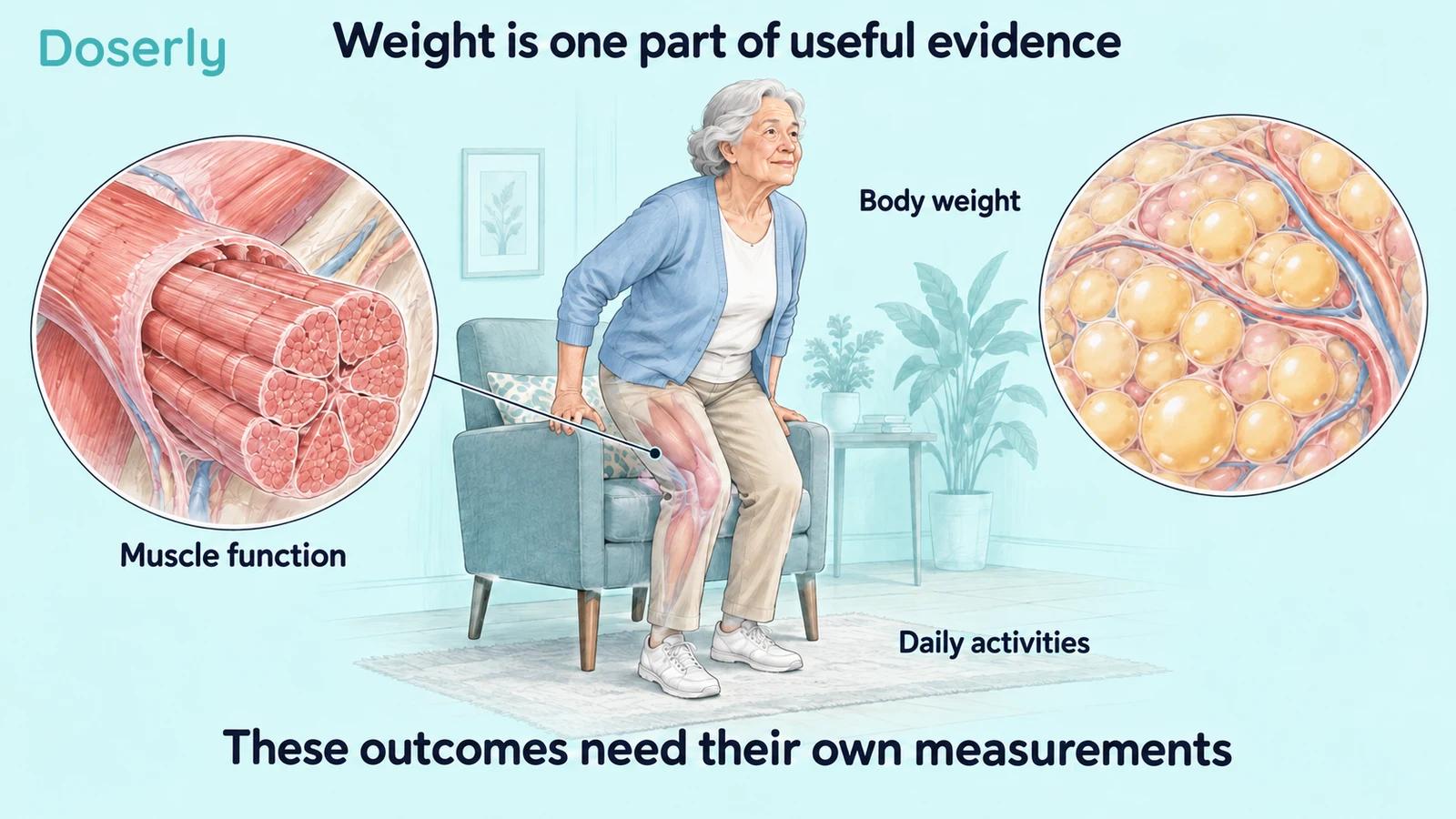 Illustrated older adult rising from a chair with muscle and adipose tissue magnifications.