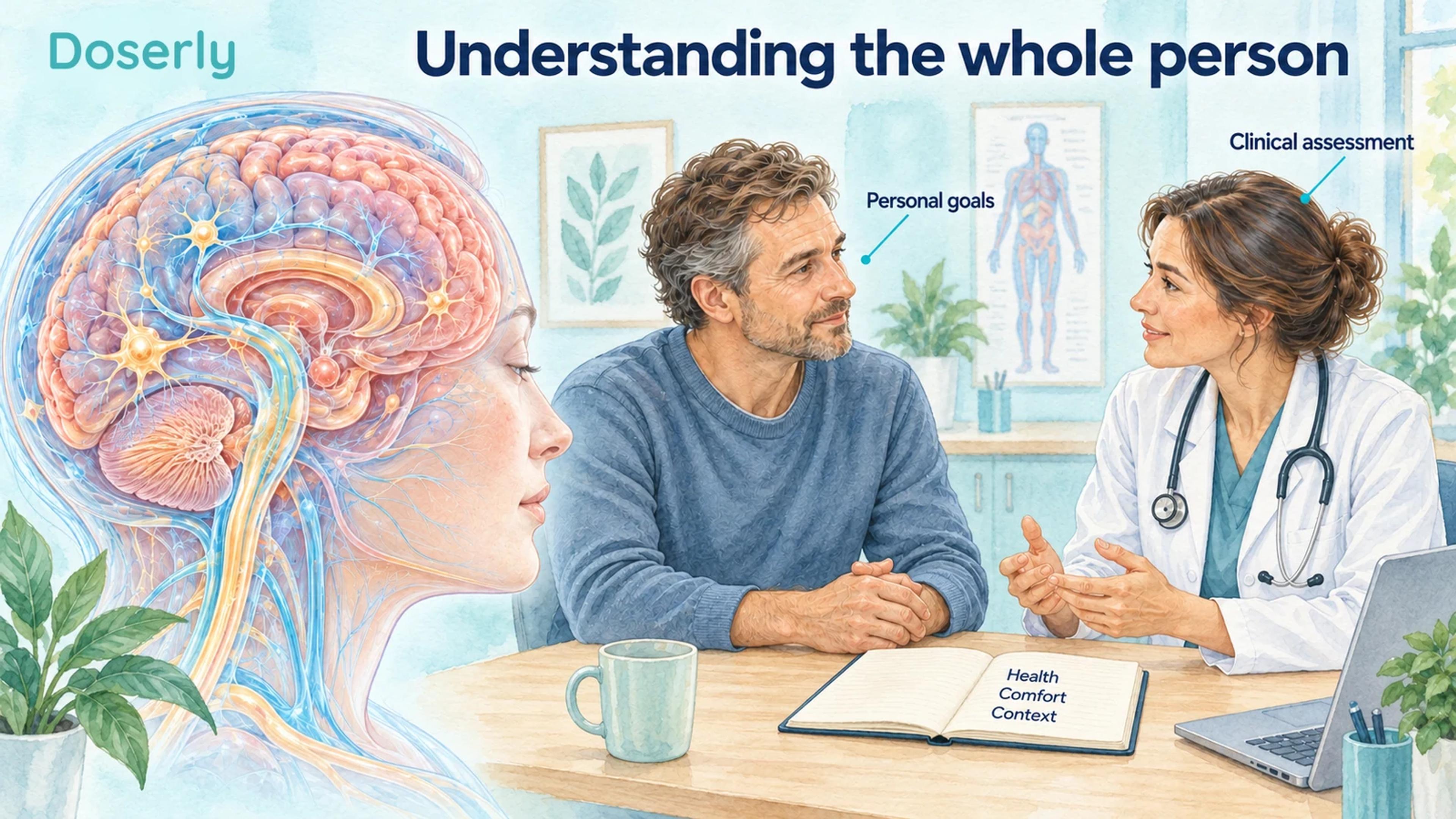 A painted medical-atlas consultation between a clinician and an adult patient beside detailed brain anatomy and a notebook labelled Health, Comfort, Context.