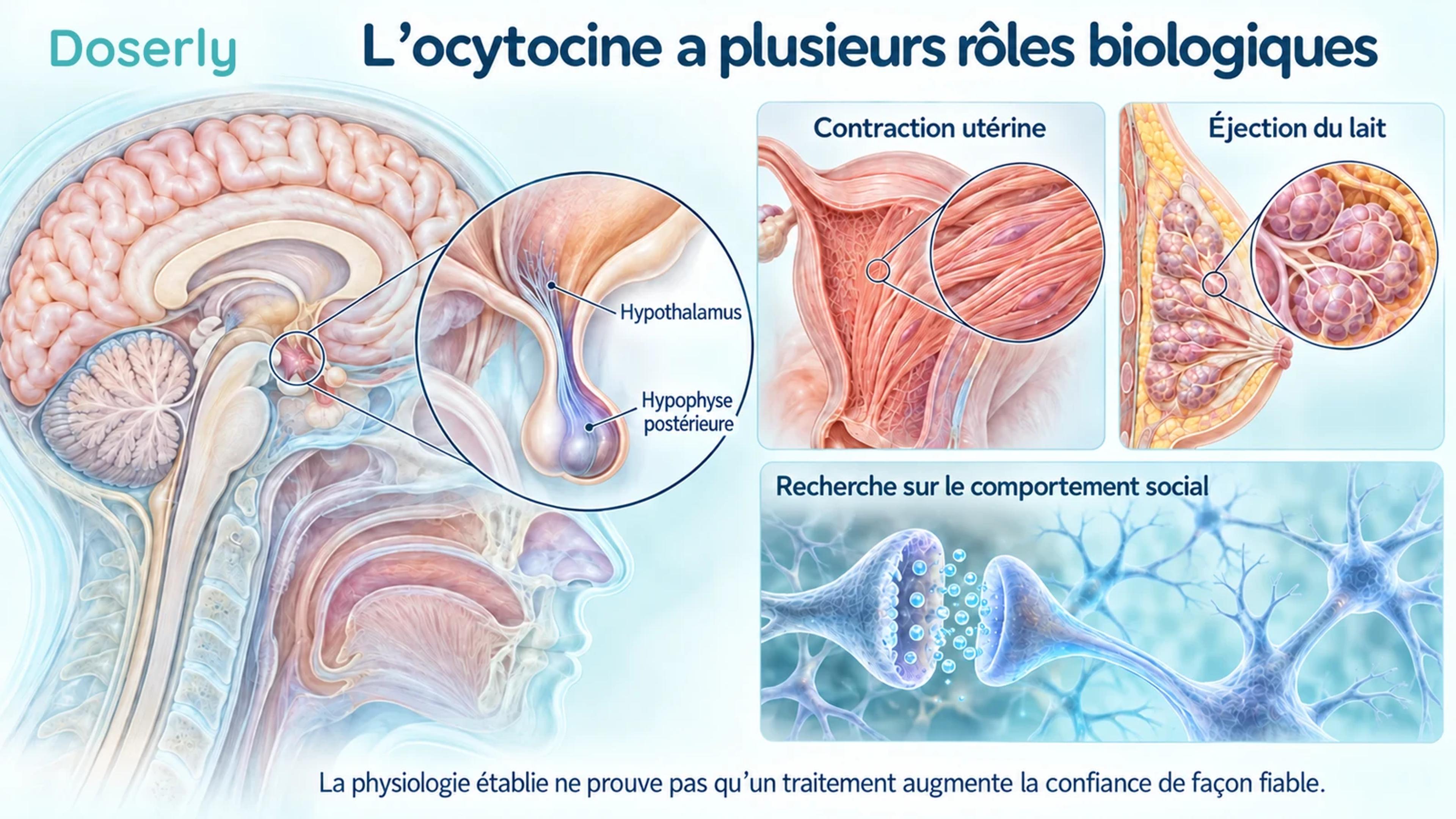 Anatomie détaillée du cerveau et de l’hypophyse, à côté de muscle utérin, de tissu mammaire et d’une synapse neuronale conceptuelle.