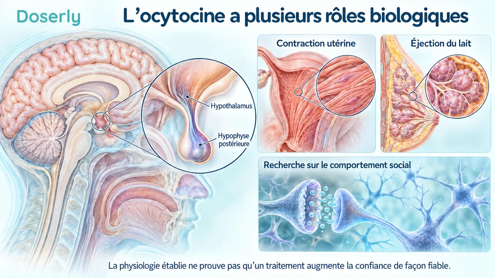 Anatomie détaillée du cerveau et de l’hypophyse, à côté de muscle utérin, de tissu mammaire et d’une synapse neuronale conceptuelle.