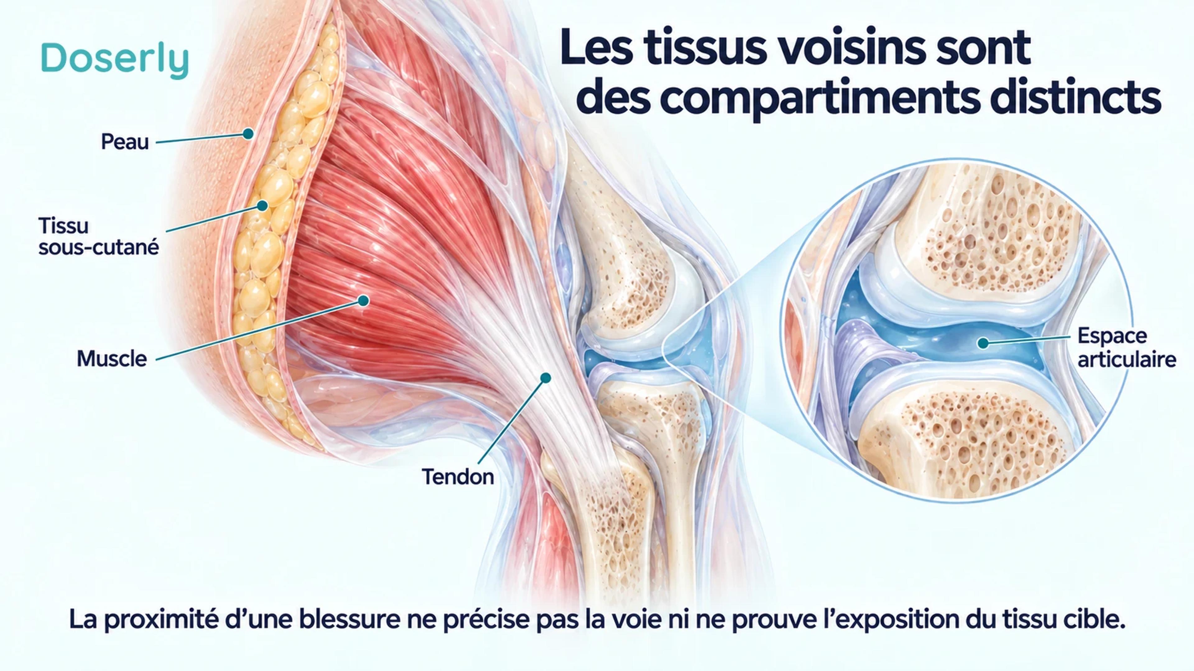 L’anatomie en couches de la région du genou identifie la peau, le tissu sous-cutané, le muscle, le tendon et un encadré distinct sur l’espace articulaire.