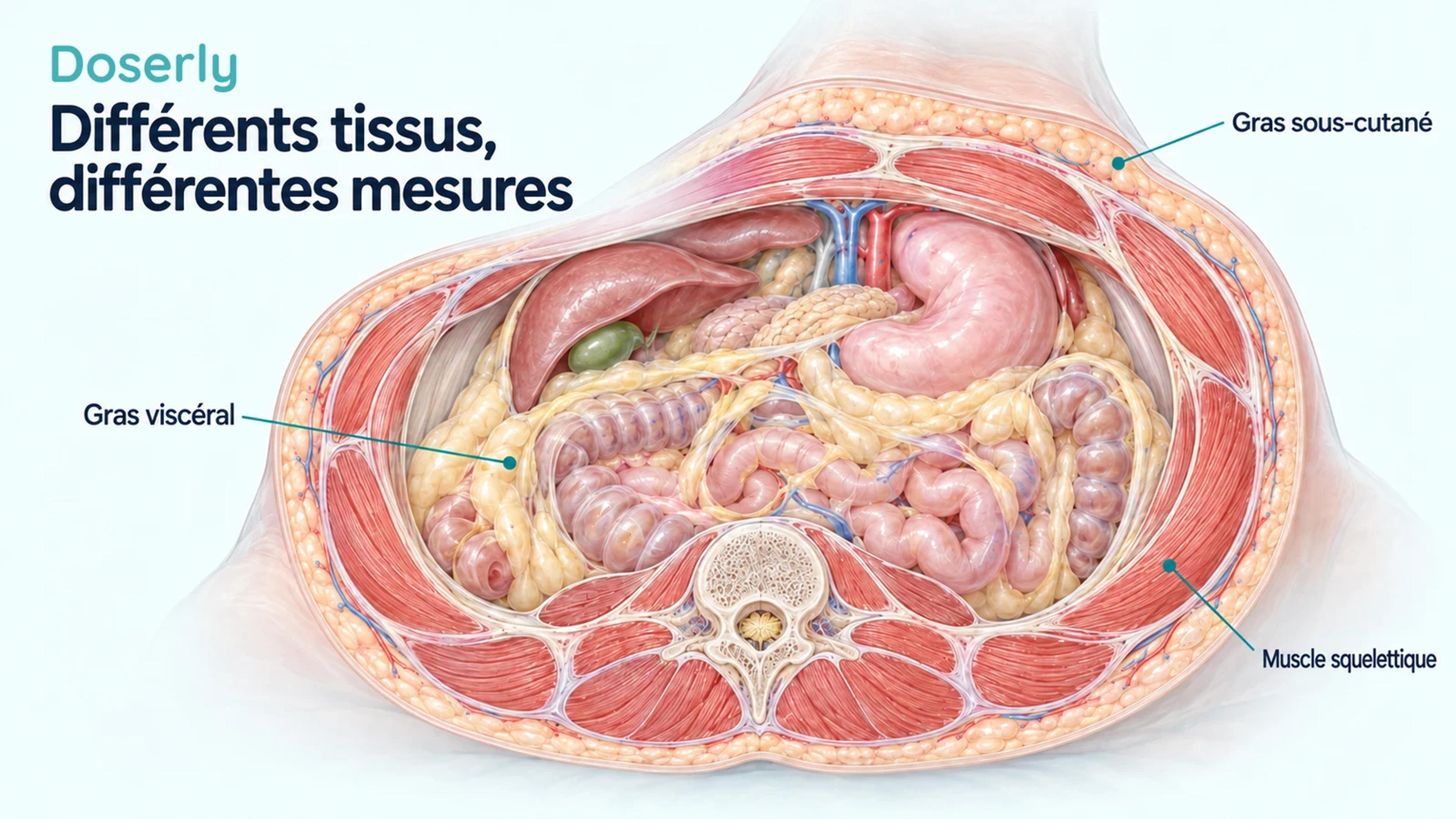 Une coupe de l’abdomen distingue le gras sous-cutané superficiel, le gras viscéral plus profond et le muscle squelettique adjacent.