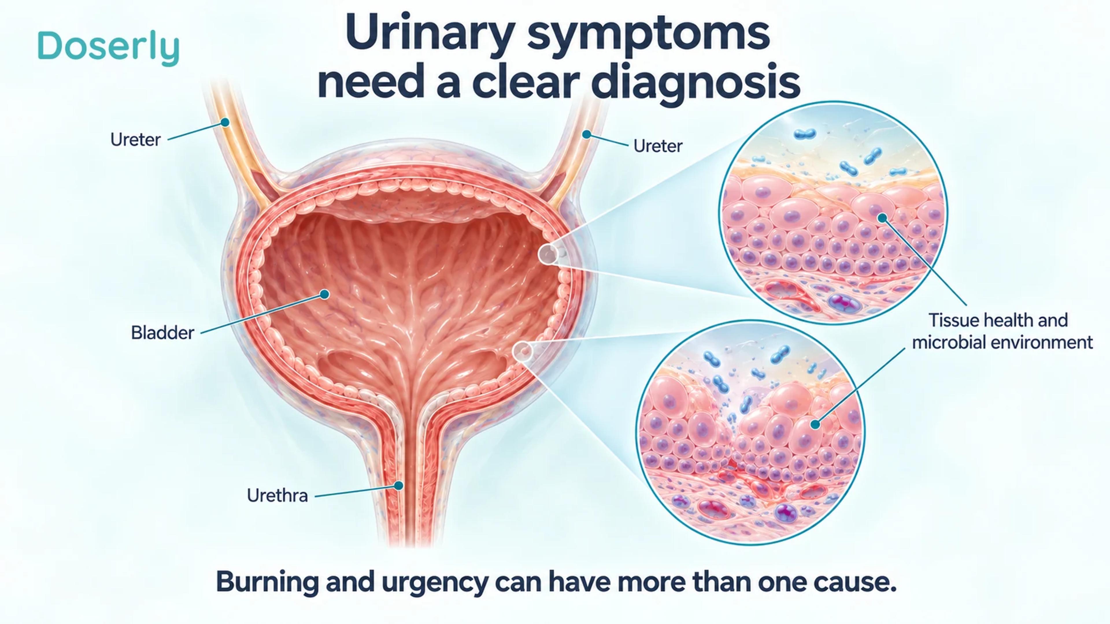Detailed isolated bladder and urethra with microscopic tissue insets illustrating why urinary symptoms require a diagnosis.