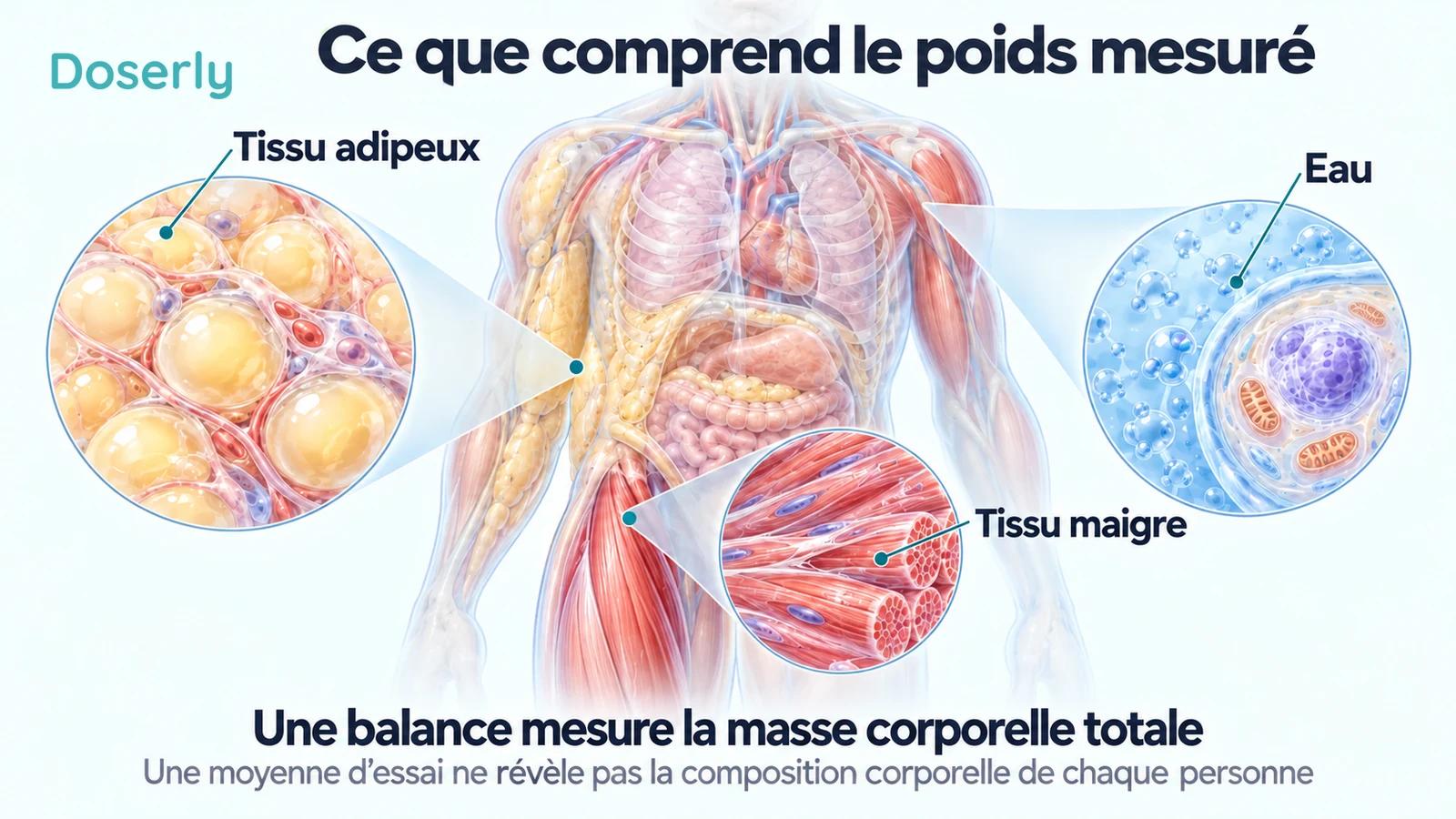 Un torse translucide avec des agrandissements du tissu adipeux, des fibres musculaires et de l’eau autour d’une cellule.