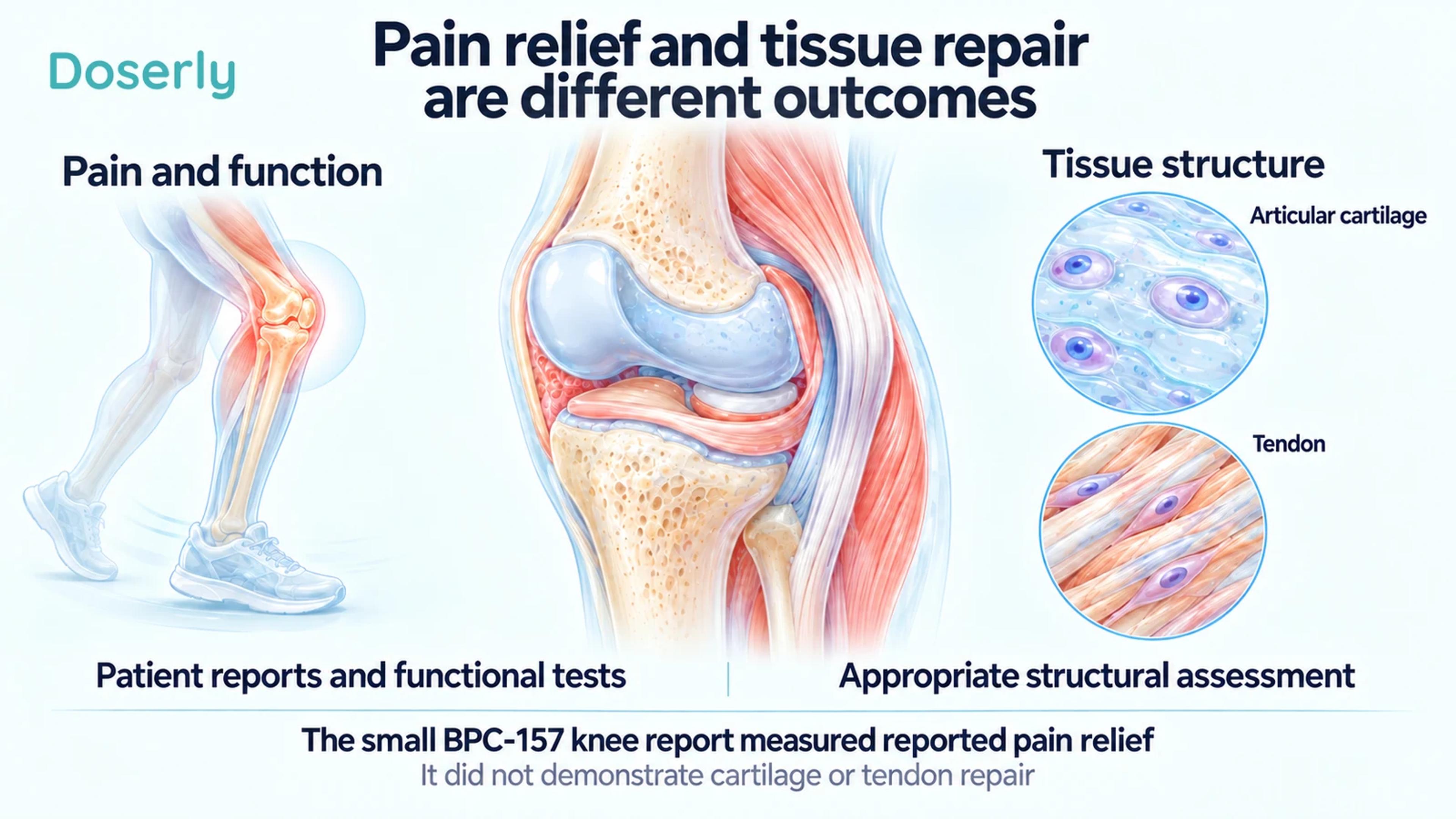 Knee anatomy beside cartilage and tendon tissue illustrations distinguishes patient-reported pain and function from structural assessment.