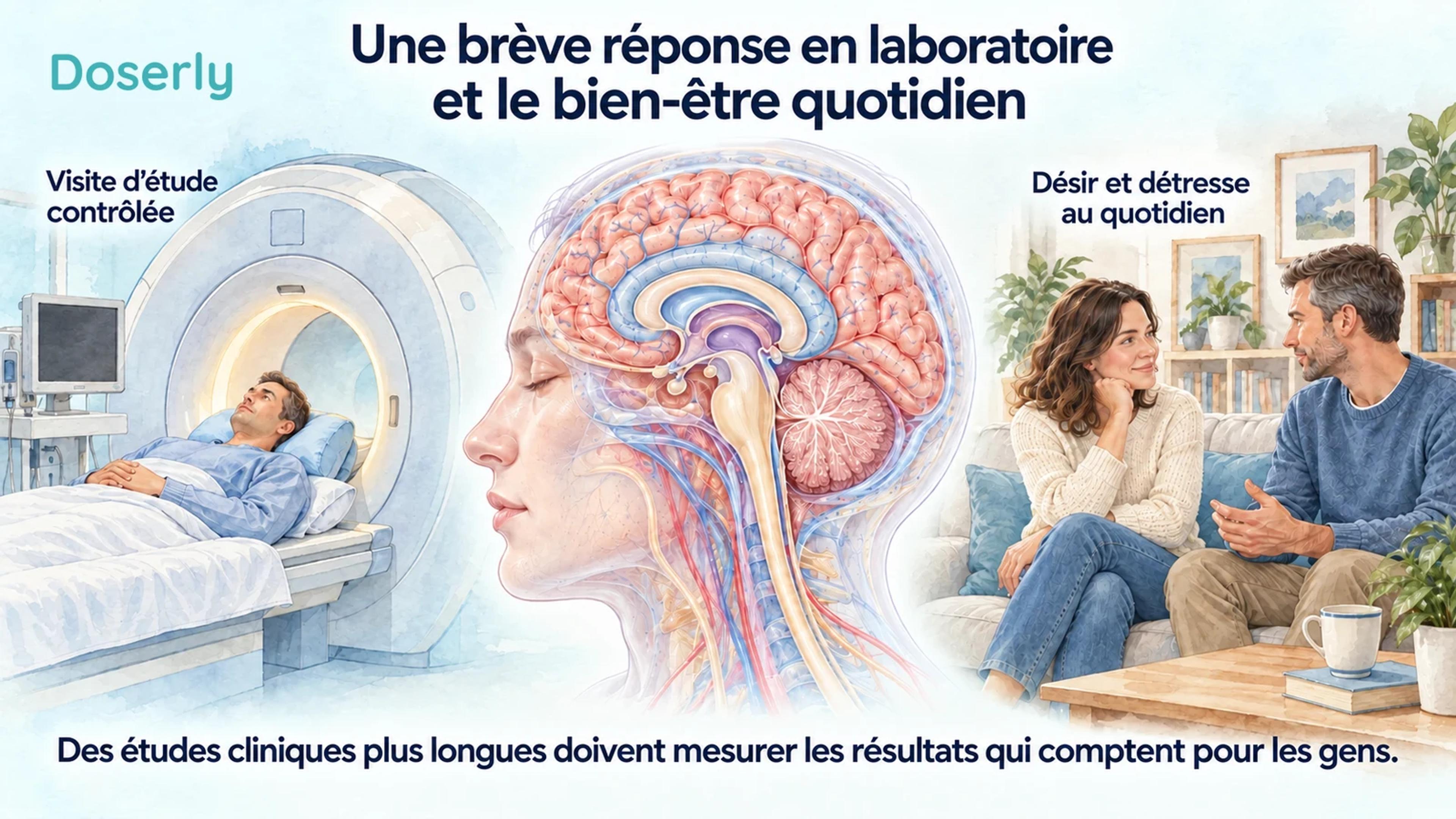 Illustrations peintes d’un participant à une recherche près d’un appareil d’IRM, d’une coupe détaillée du cerveau et de deux adultes discutant à la maison.