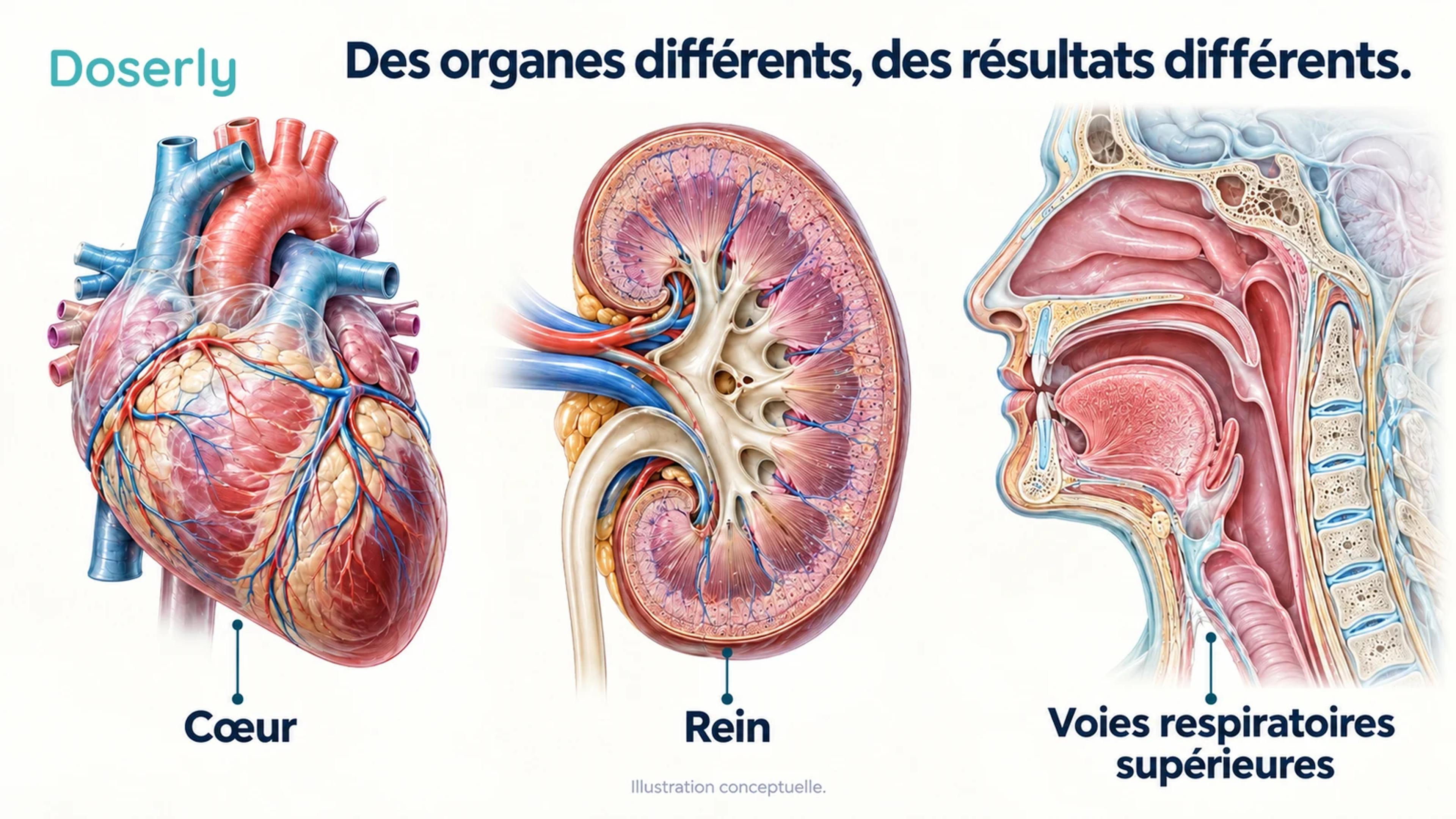 Vue anatomique conceptuelle du cœur, des reins et des voies respiratoires supérieures comme sites distincts de résultats cliniques.