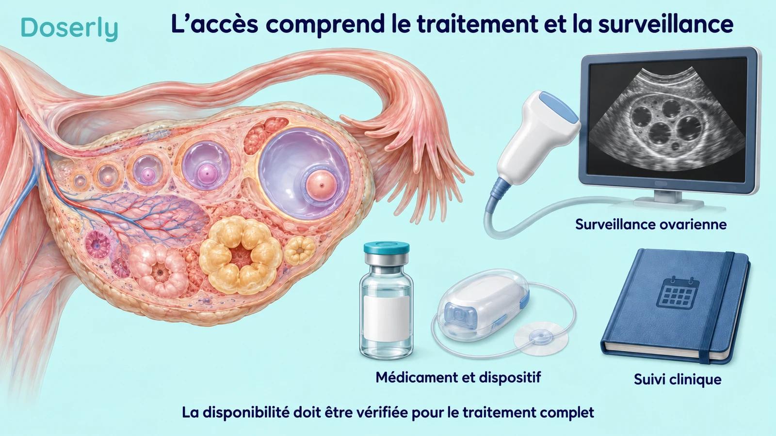 Follicules ovariens détaillés à côté d’un appareil d’échographie illustratif, d’une fiole de médicament, d’un dispositif de perfusion et d’un carnet de suivi.