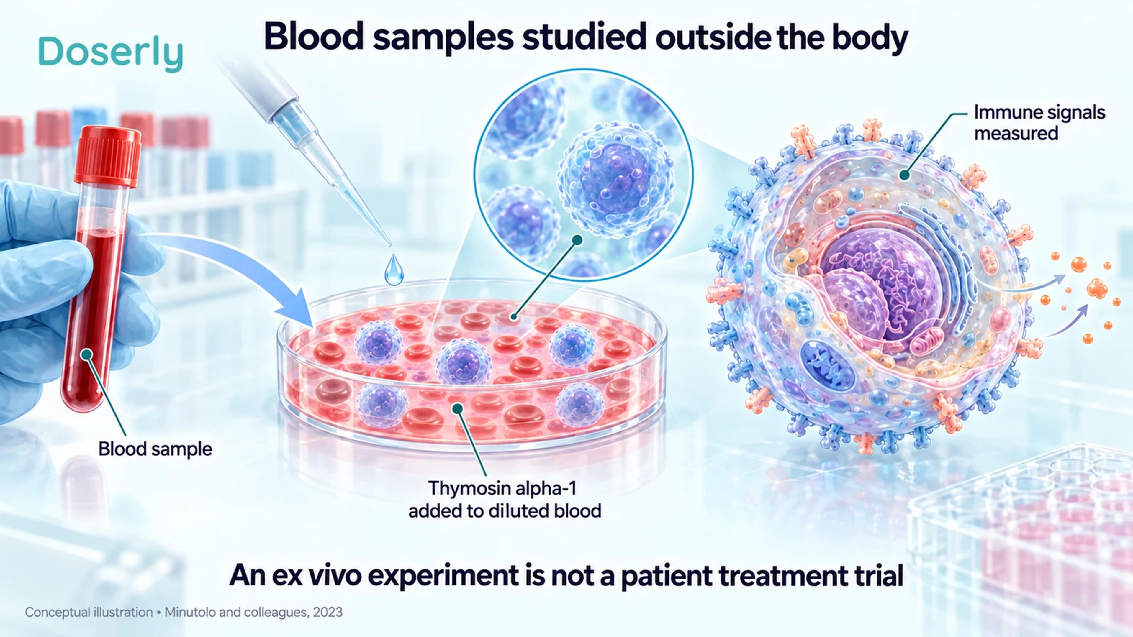 A diluted blood sample containing red and white cells, followed by immune-cell analysis, illustrates an ex vivo experiment.