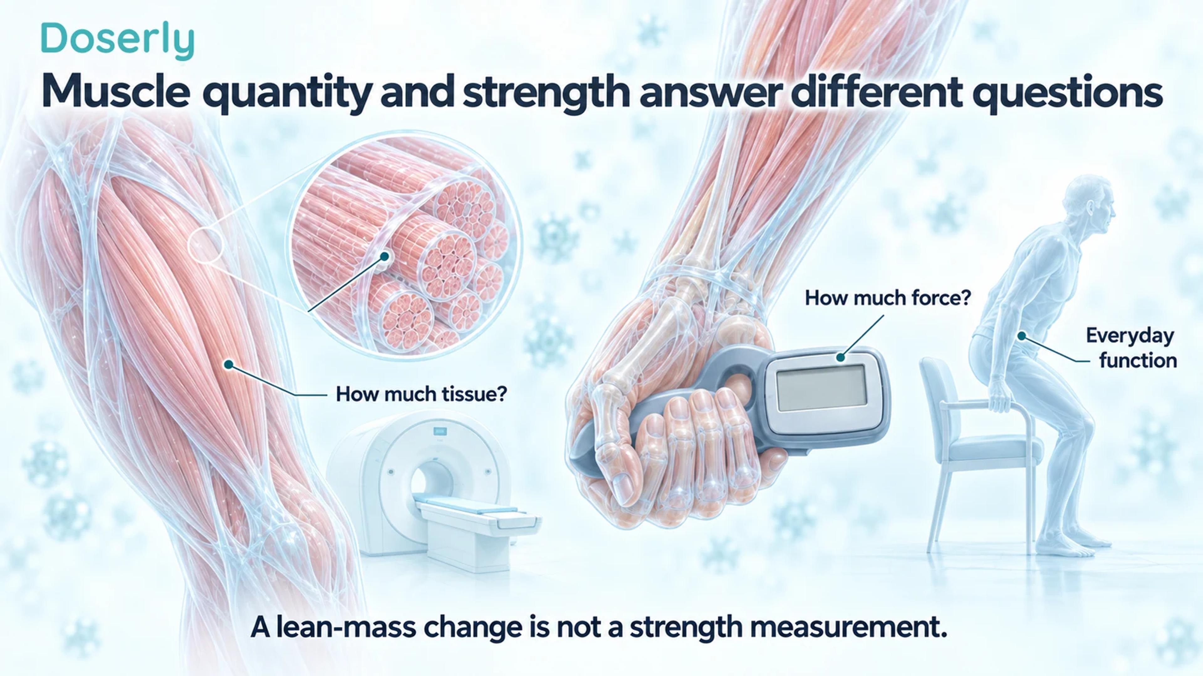 Detailed thigh muscle and a separate translucent hand holding a blank-screen dynamometer, with a conceptual chair-rise figure.