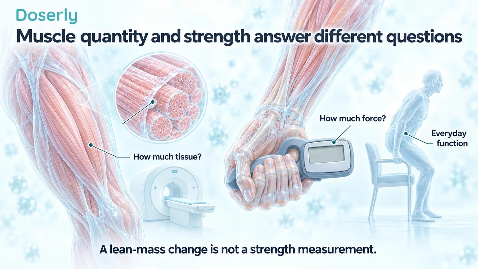 Detailed thigh muscle and a separate translucent hand holding a blank-screen dynamometer, with a conceptual chair-rise figure.