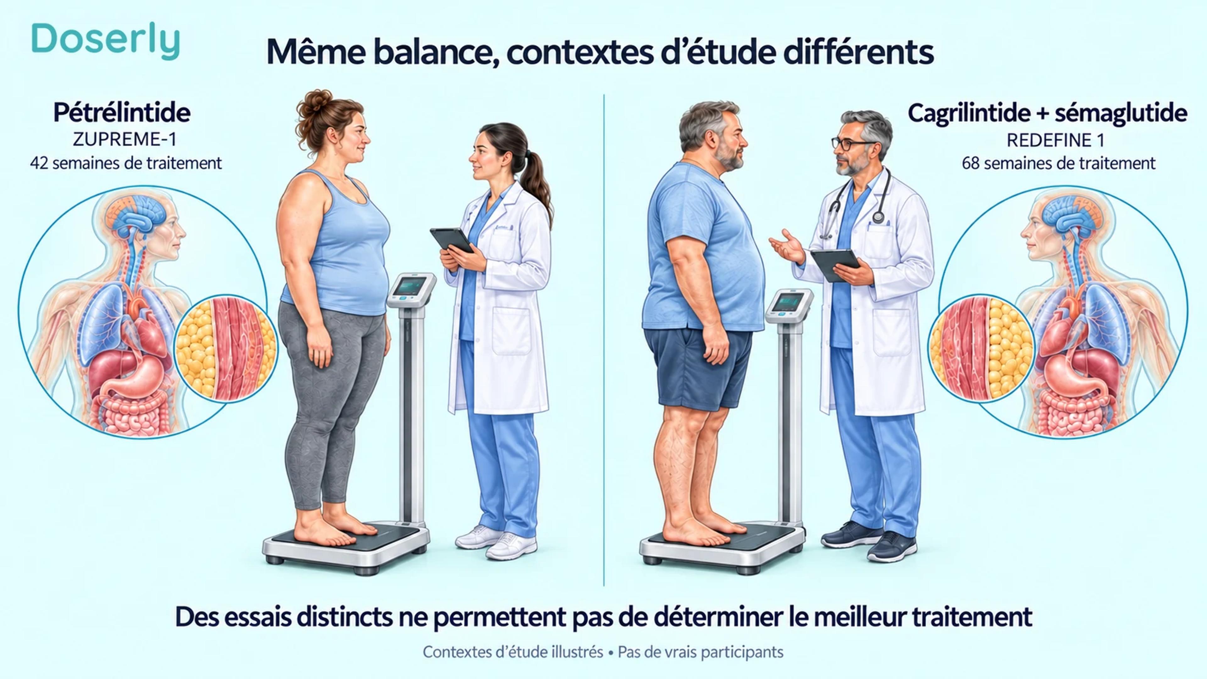 Illustrations de visites de pesée mettant en contraste les durées de traitement de ZUPREME-1 et de REDEFINE 1.