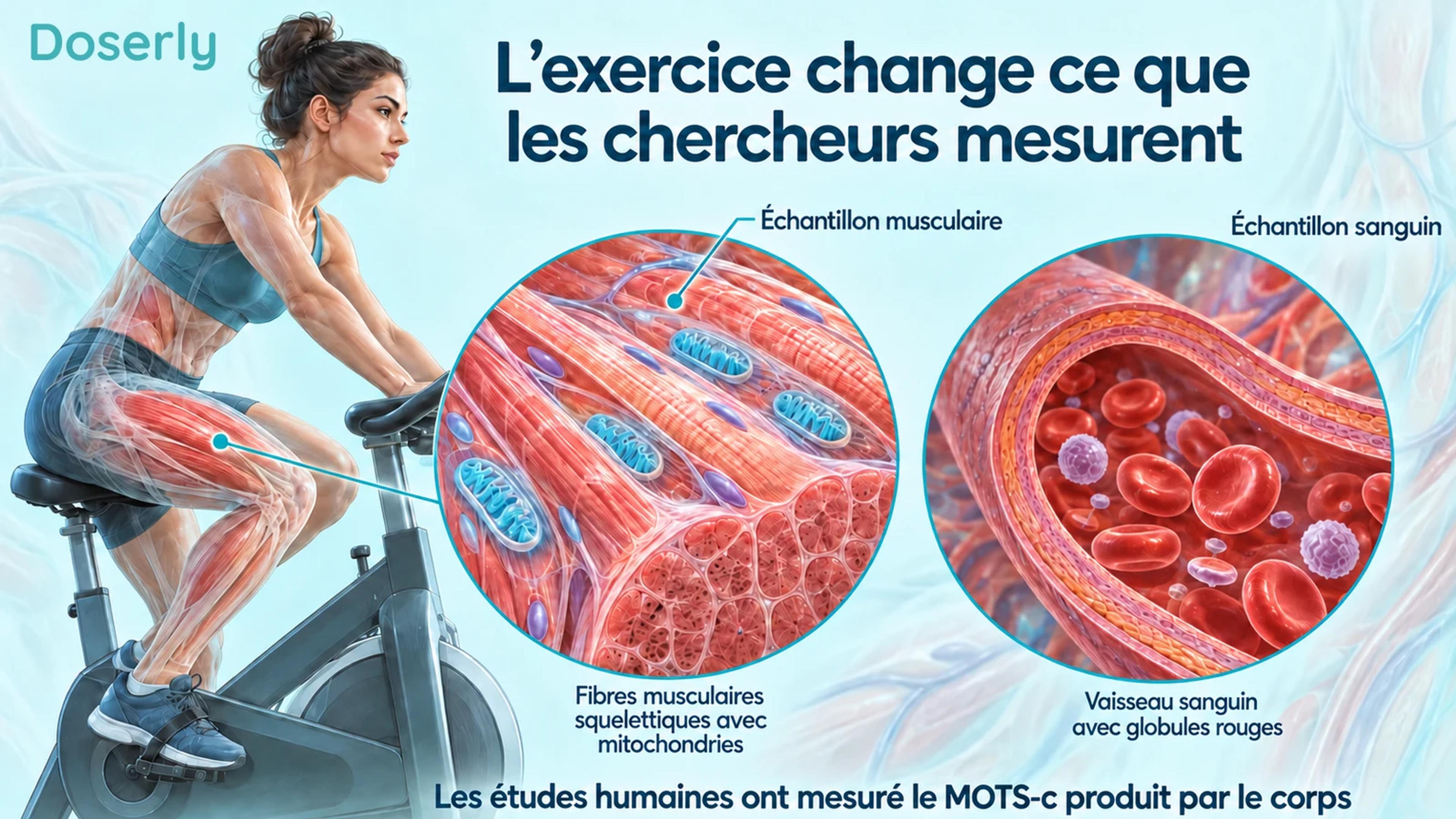 Un cycliste, un échantillon détaillé de quadriceps et une coupe de vaisseau sanguin montrent les différents tissus échantillonnés dans la recherche humaine sur l’exercice.