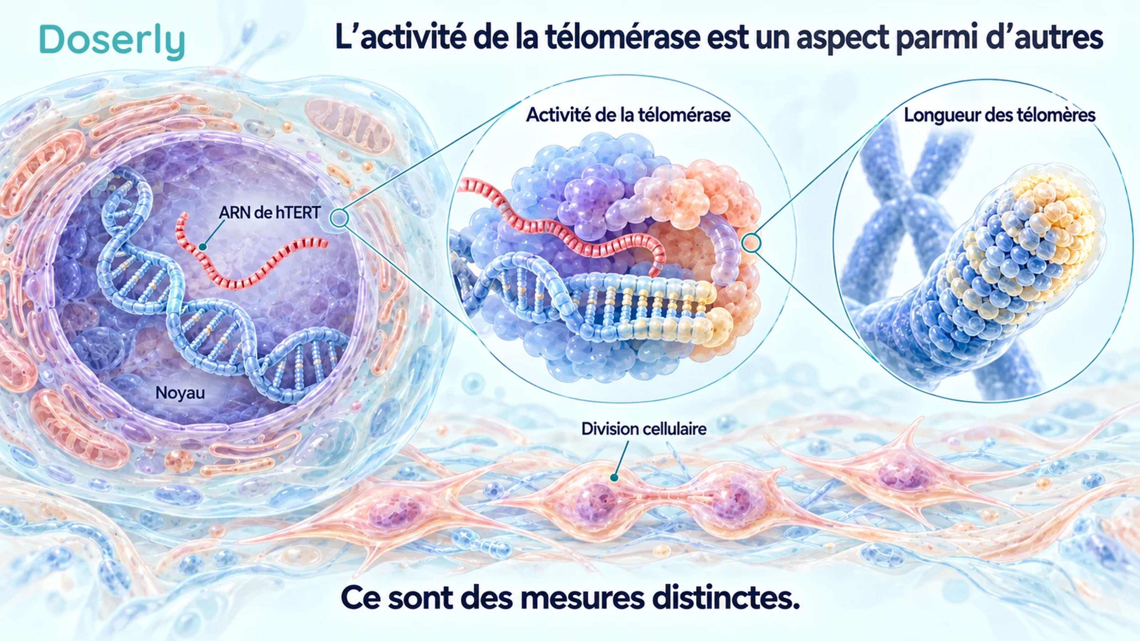 Un noyau cellulaire et de l’ARN, une représentation schématique de la télomérase et une extrémité de chromosome, avec des fibroblastes en division en dessous.