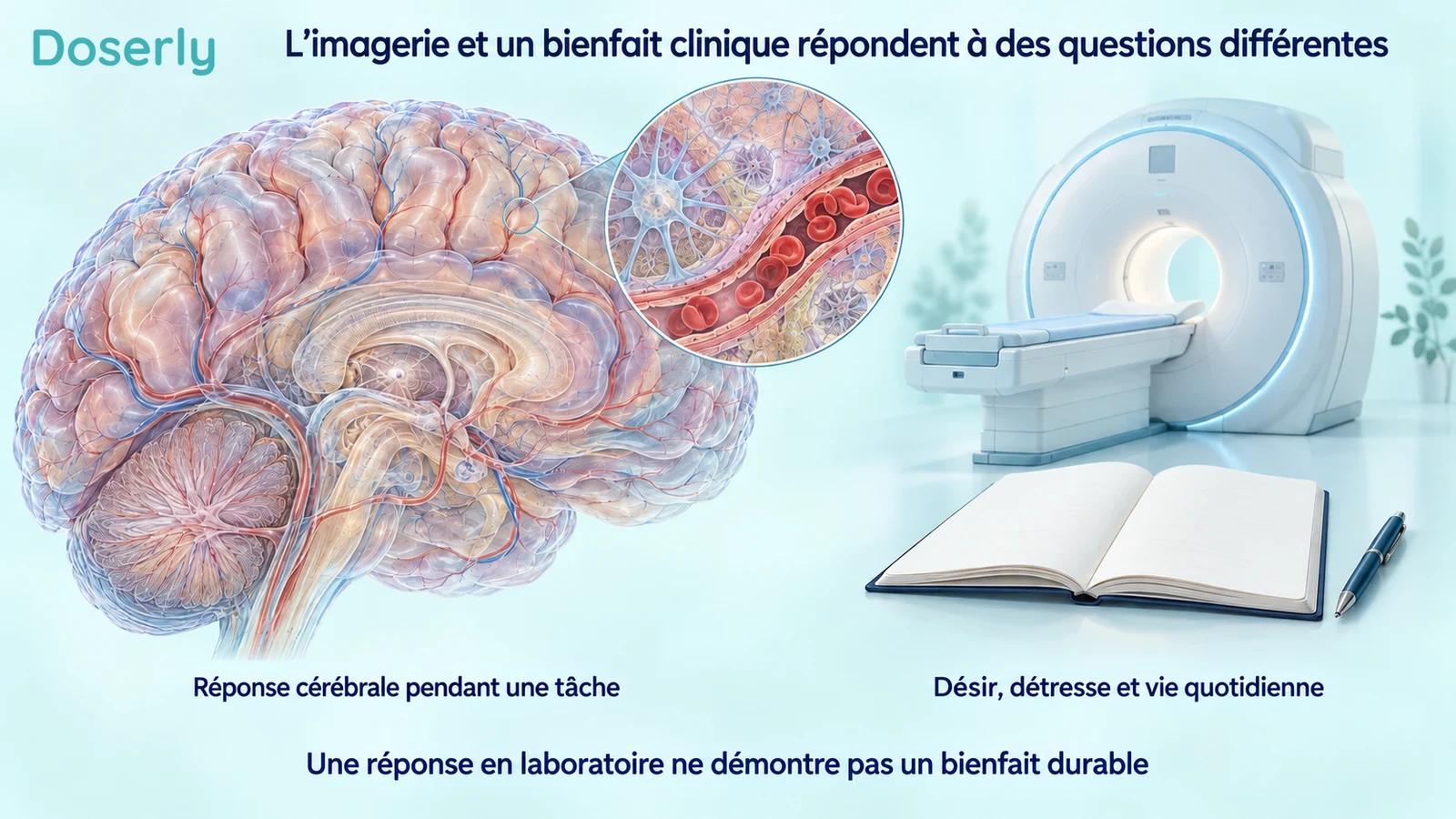 Cerveau détaillé et encadré montrant un capillaire cortical, à côté d’un appareil d’IRM illustré et d’un carnet vierge, distinguant les réponses aux tâches du désir, de la détresse et de la vie quotidienne.