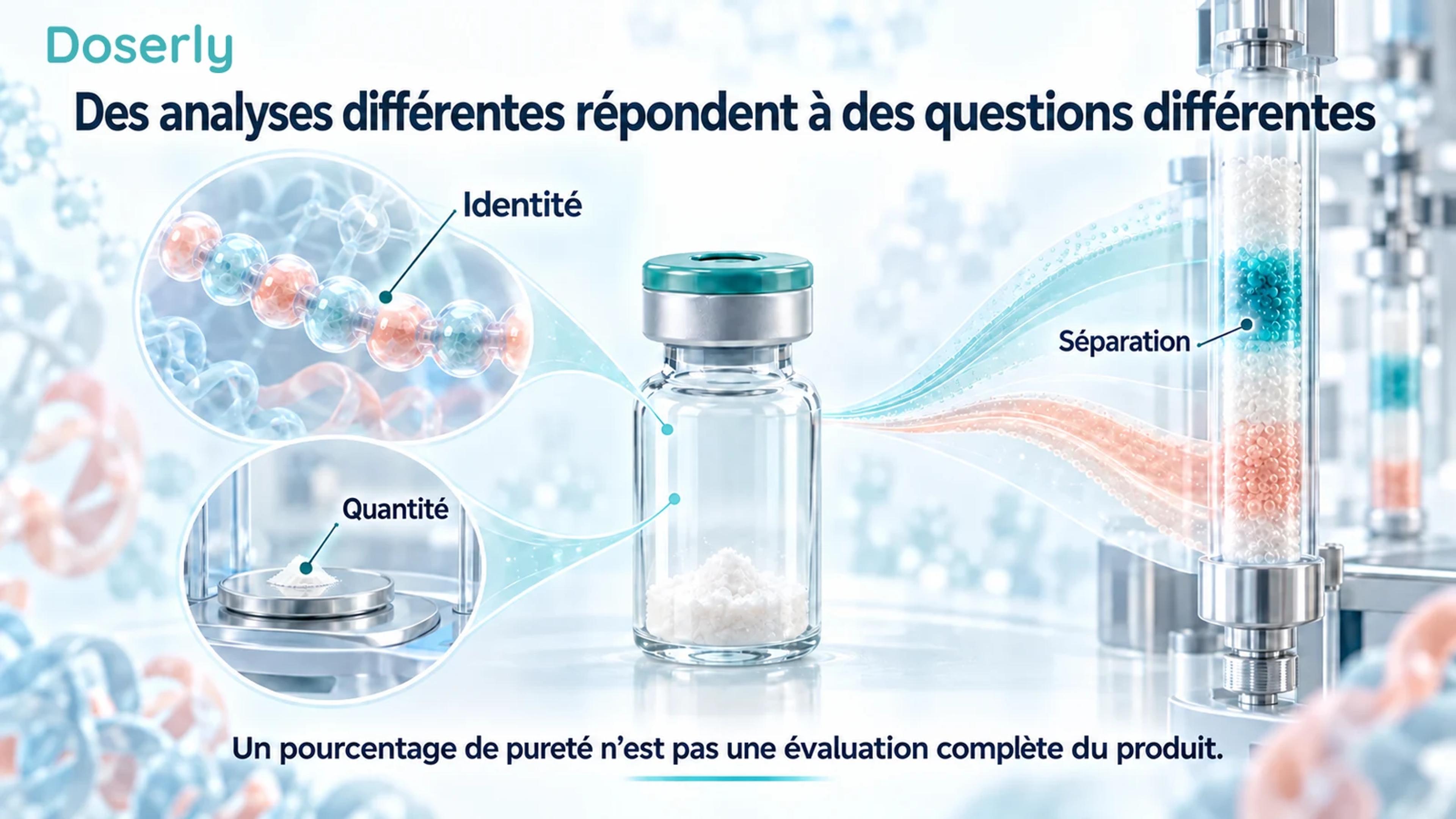 Illustration d’une fiole d’échantillon reliée à l’identité du peptide, à la mesure de la quantité et à la séparation chromatographique