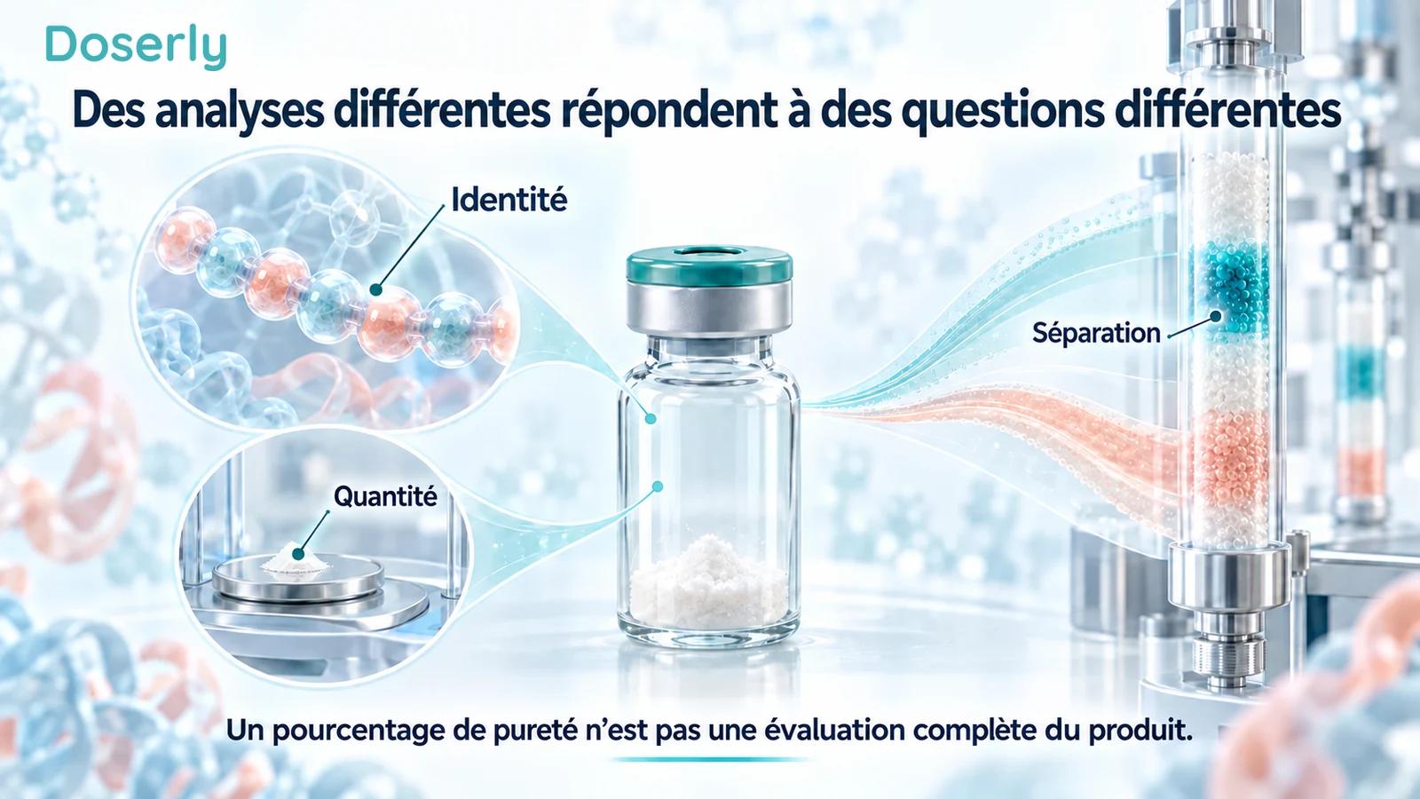 Illustration d’une fiole d’échantillon reliée à l’identité du peptide, à la mesure de la quantité et à la séparation chromatographique