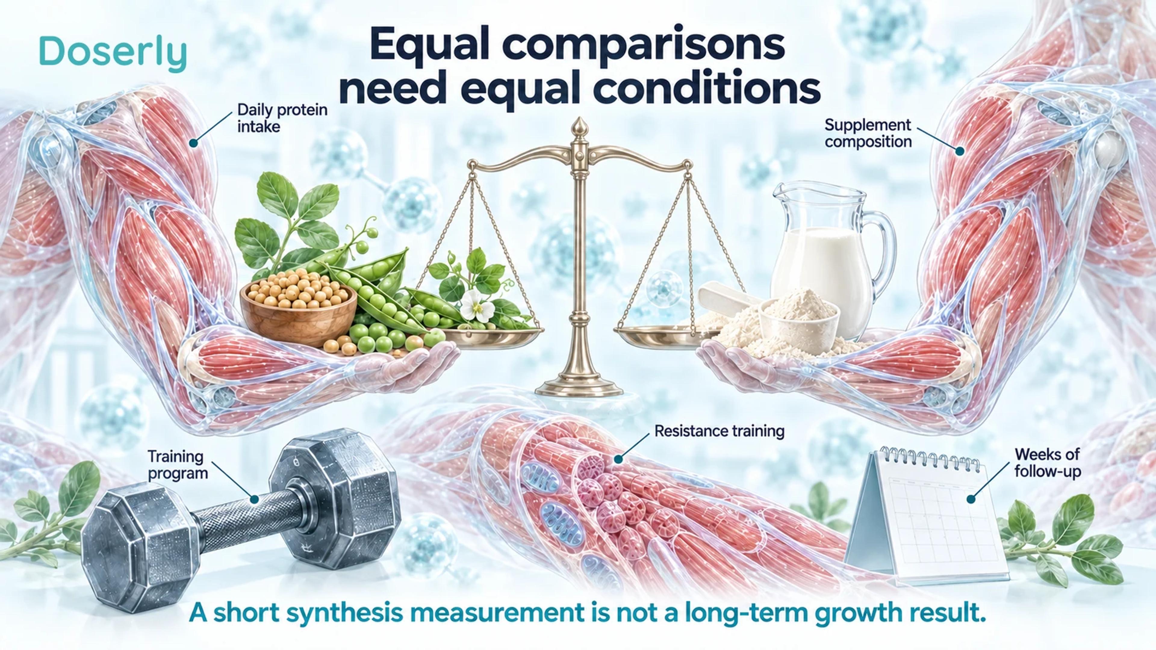Matched anatomical arms, protein foods, a balance, training equipment and a calendar illustrate factors that need control in protein comparisons.