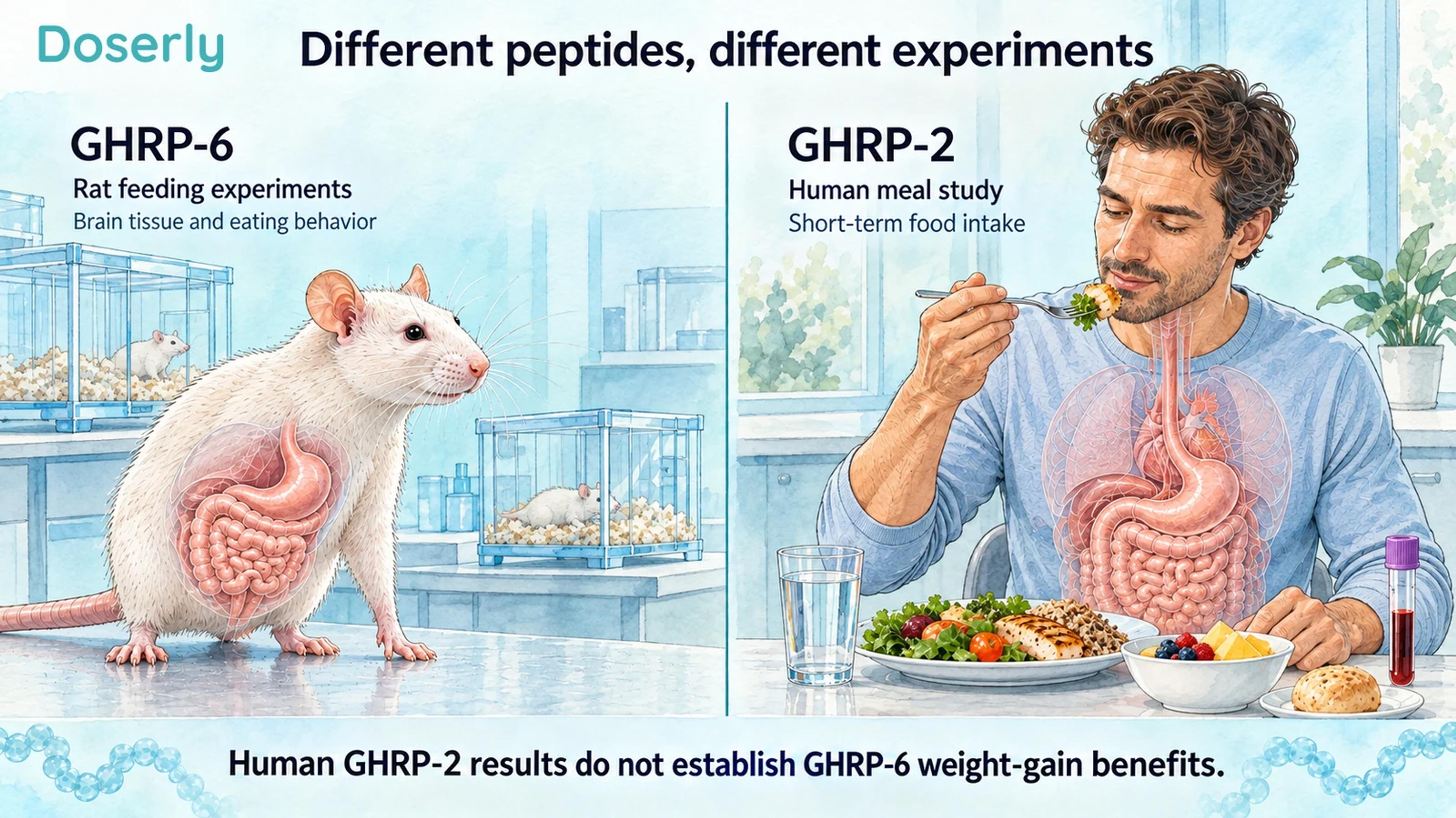 A laboratory rat and a separate human participant eating a measured meal, distinguishing animal GHRP-6 research from human GHRP-2 research.