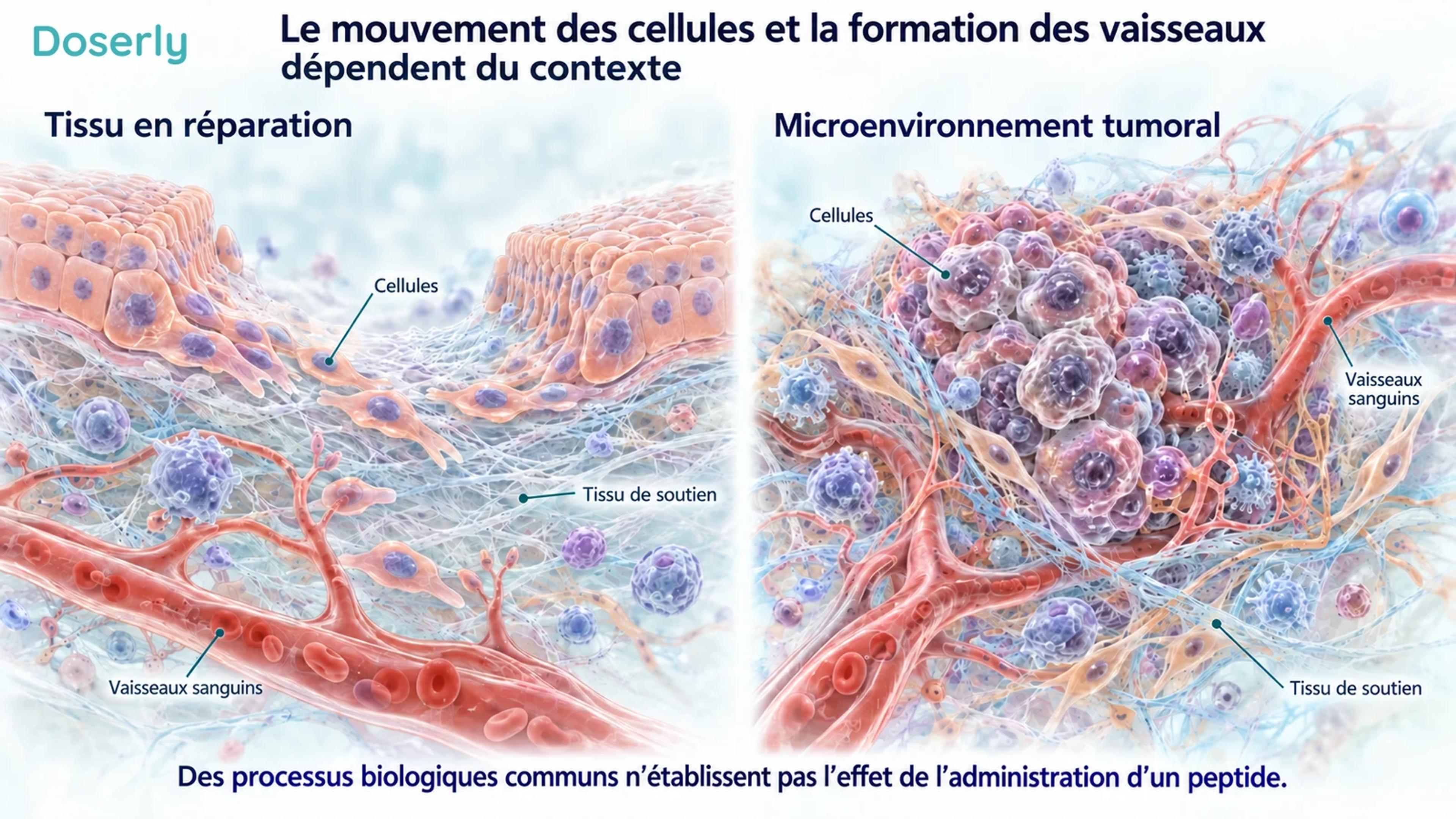 Un tissu organisé en cours de réparation et un microenvironnement tumoral illustrent des processus cellulaires communs dans des contextes différents.