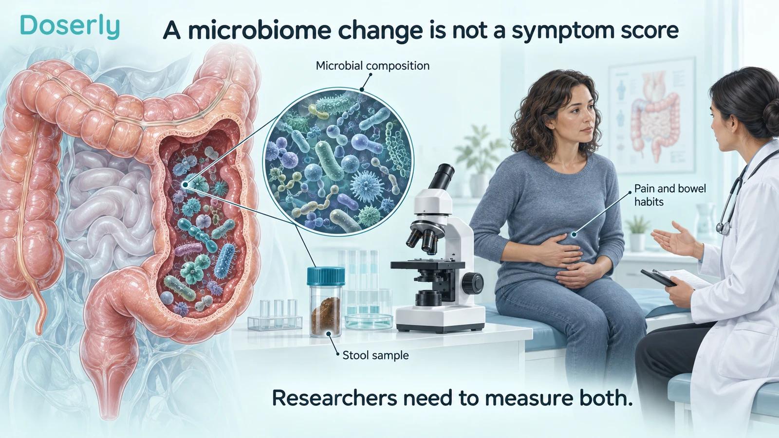 A colon and laboratory stool sample are shown beside a clinician discussing abdominal symptoms with an adult.