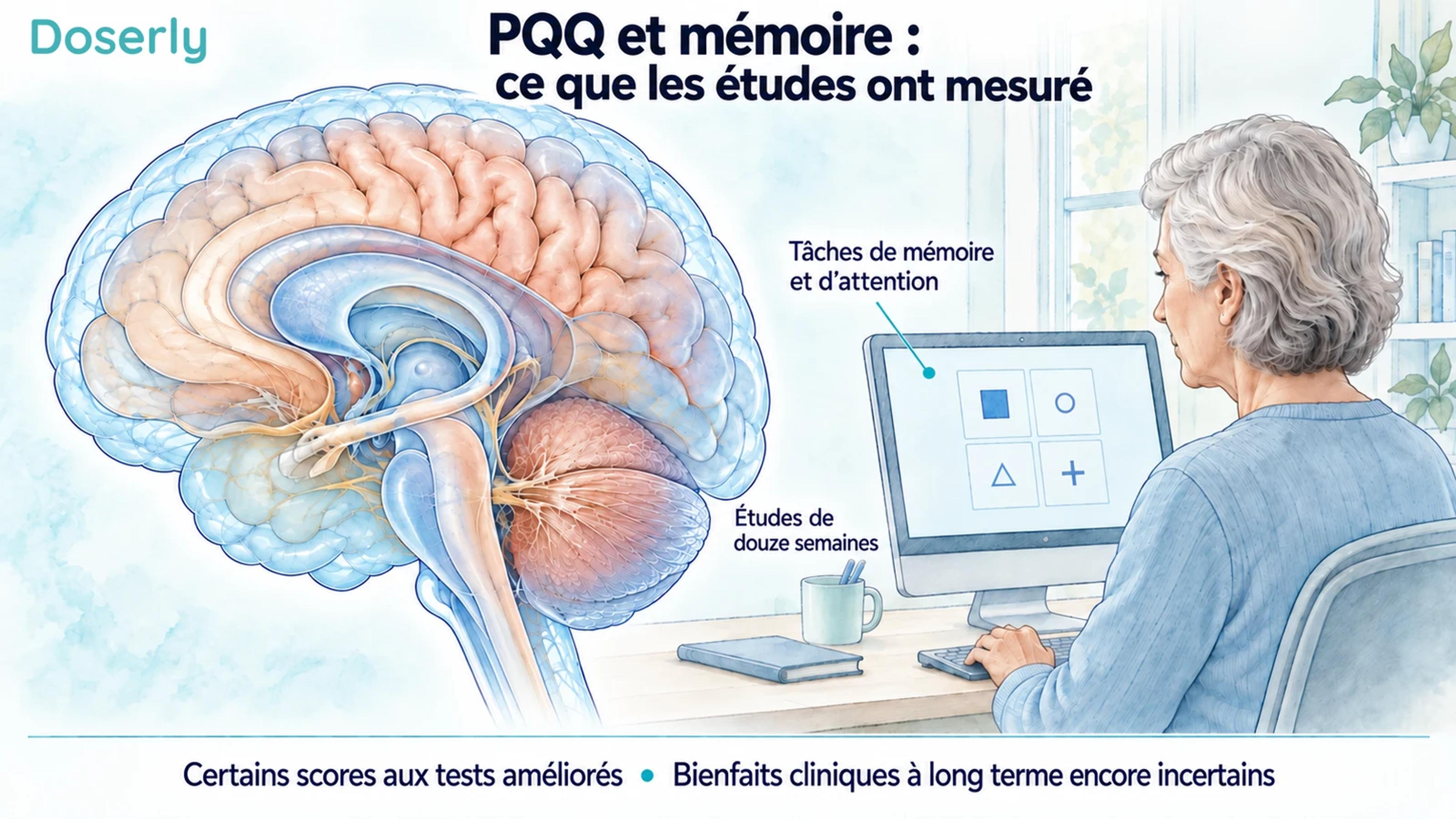 Un cerveau conceptuel détaillé et une personne âgée effectuant une tâche de mémoire illustrent ce qu’ont évalué les études cognitives sur la PQQ.