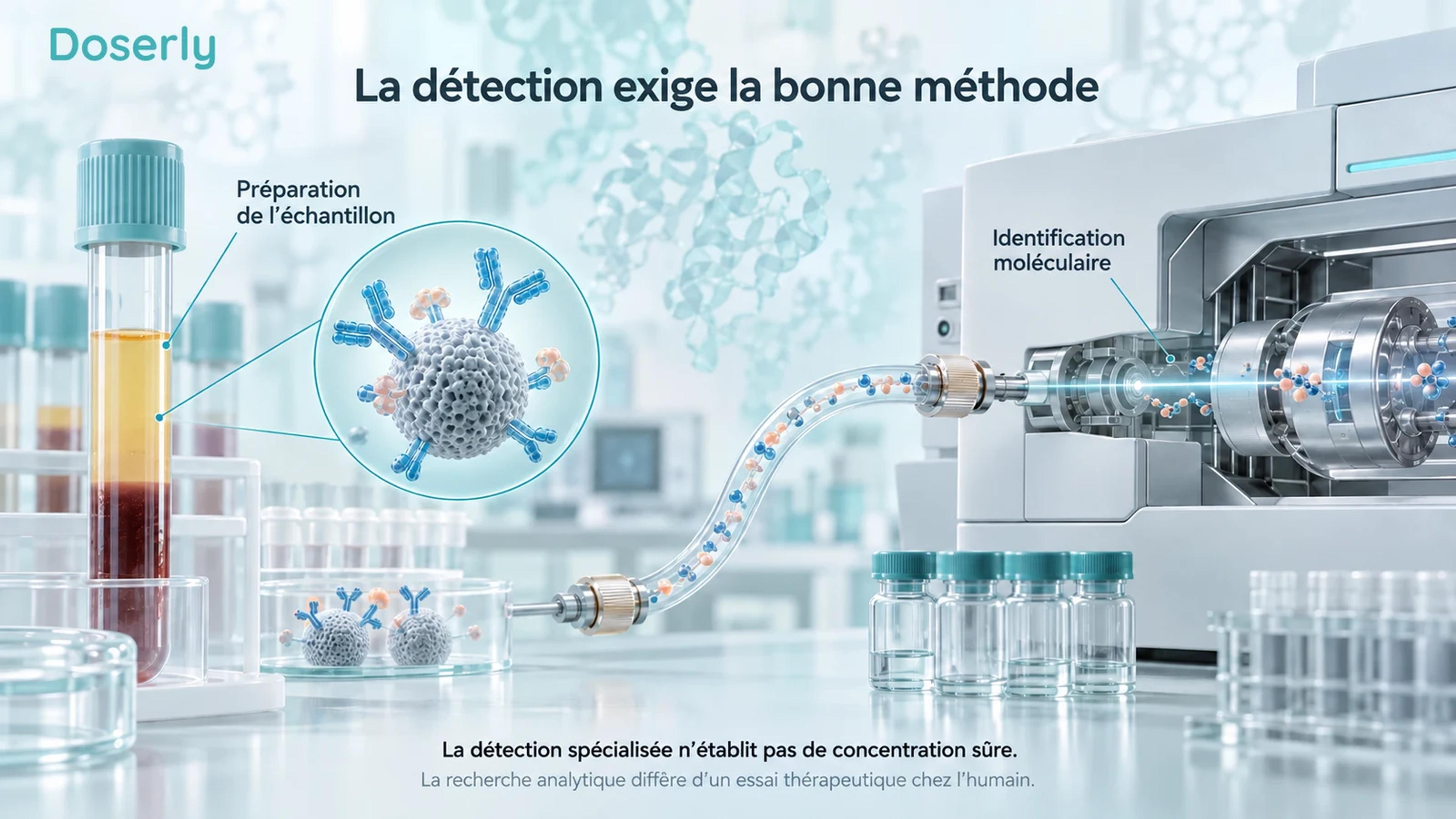 Échantillon de plasma, bille conceptuelle d’enrichissement par anticorps et appareil de spectrométrie de masse.