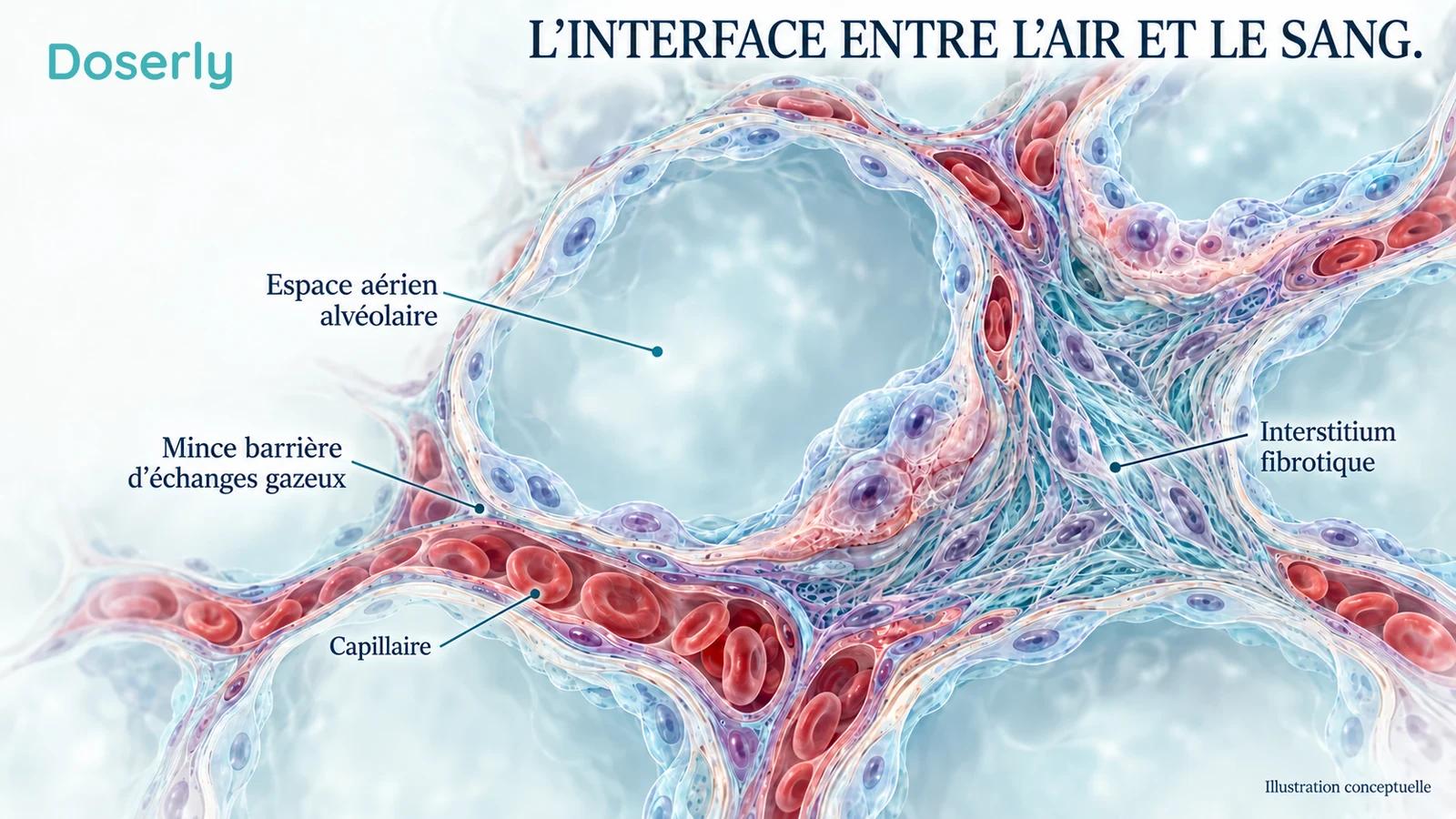 Alvéoles et capillaires adjacents avec une zone localisée d’interstitium fibrotique épaissi et des cellules épithéliales soumises à un stress