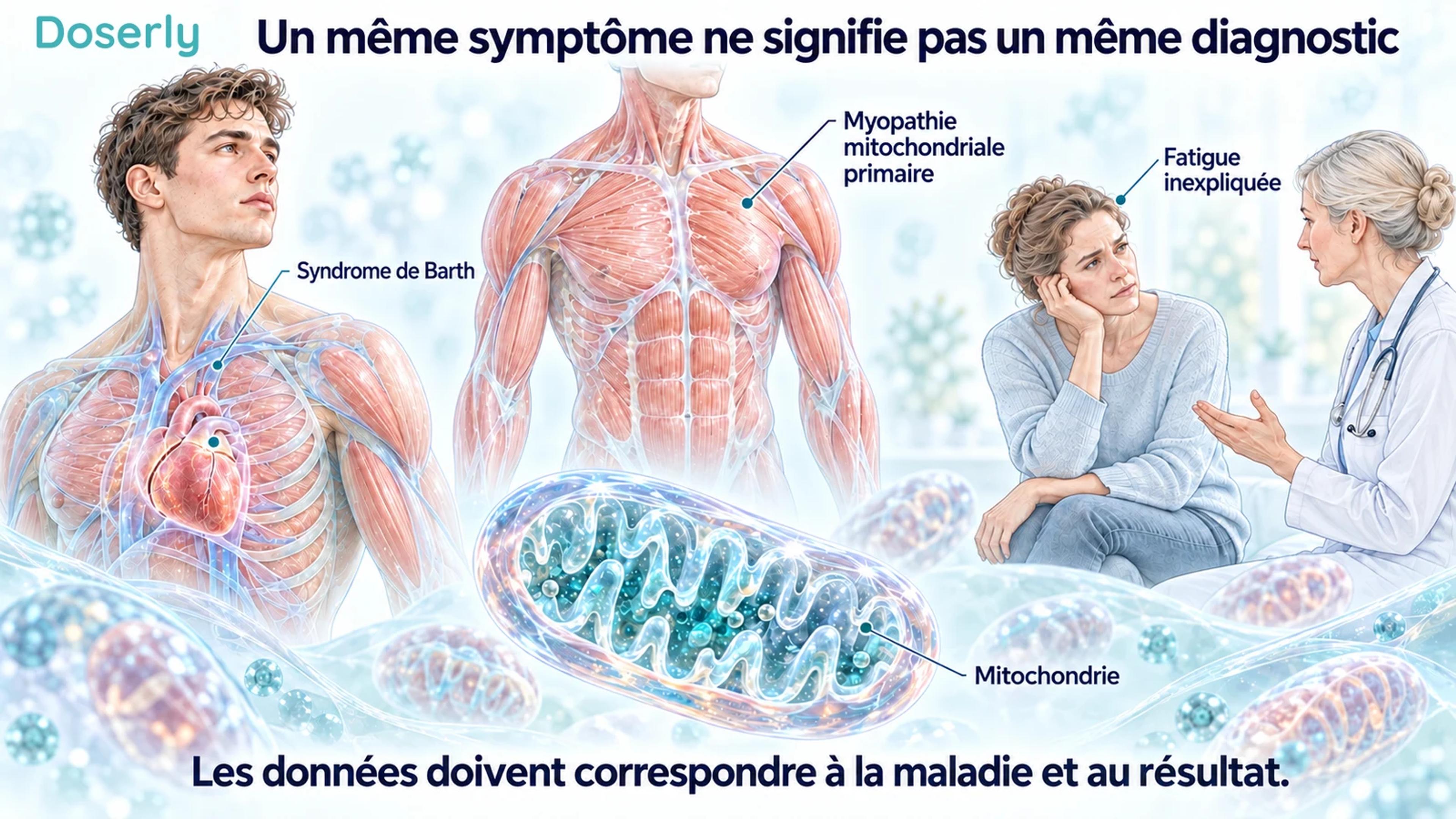 Contextes cliniques distincts illustrant le syndrome de Barth, la myopathie mitochondriale primaire et la fatigue inexpliquée.