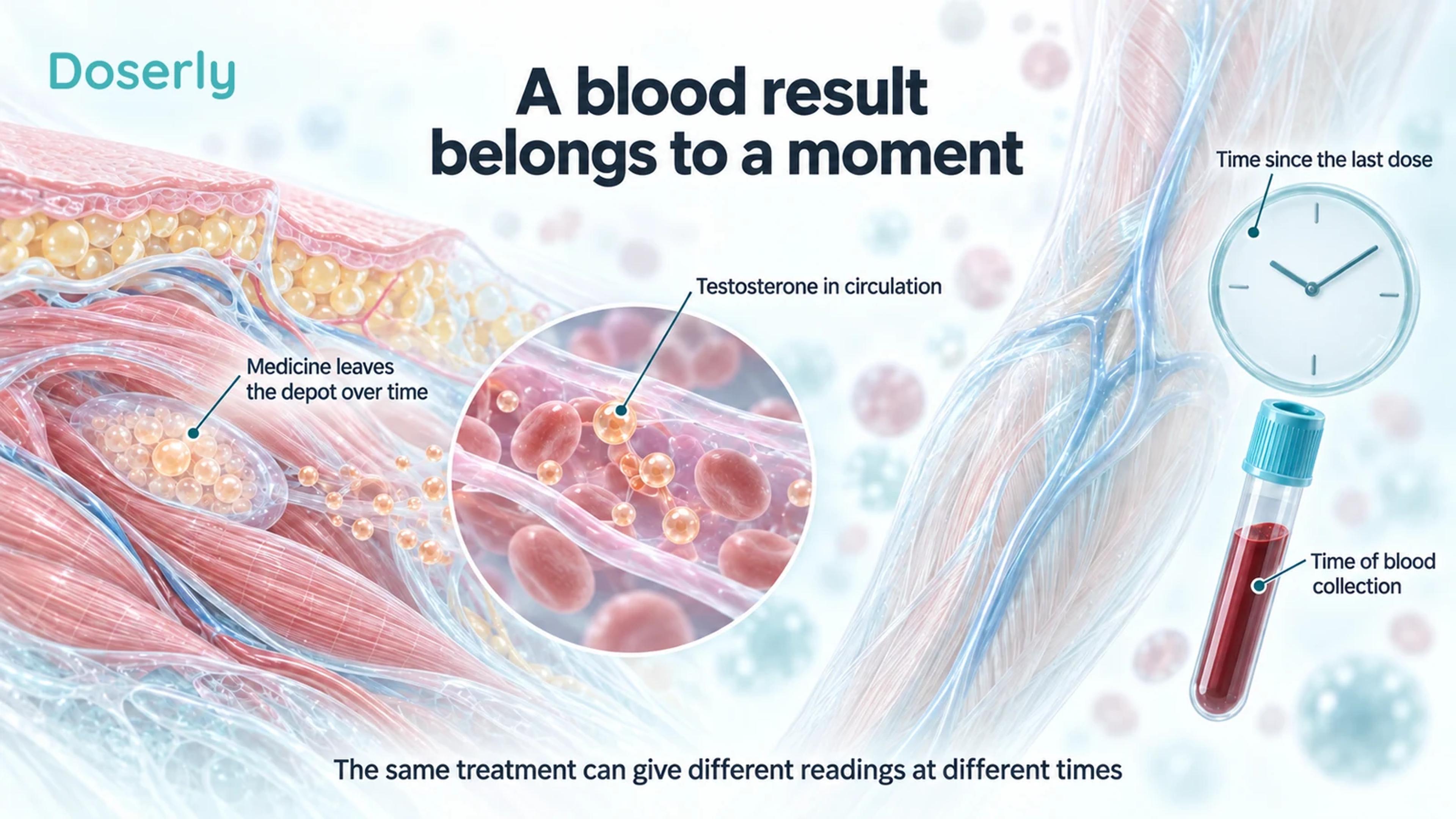 Muscle depot and nearby blood vessel beside a forearm, clock and sample tube explain why elapsed time affects testosterone results.