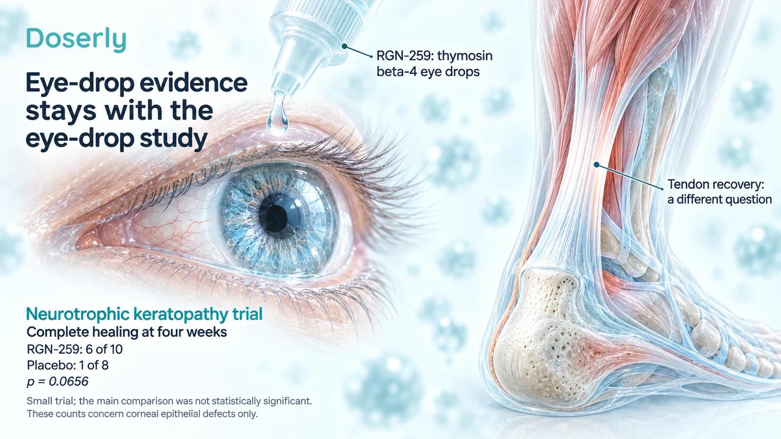 Thymosin beta-4 eye drops beside separate Achilles tendon anatomy, with the small corneal trial's treatment and placebo counts.