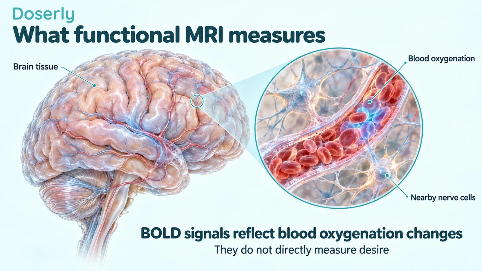 Detailed brain anatomy beside a magnified capillary and nearby nerve cells, illustrating the blood oxygenation signal measured with functional MRI.