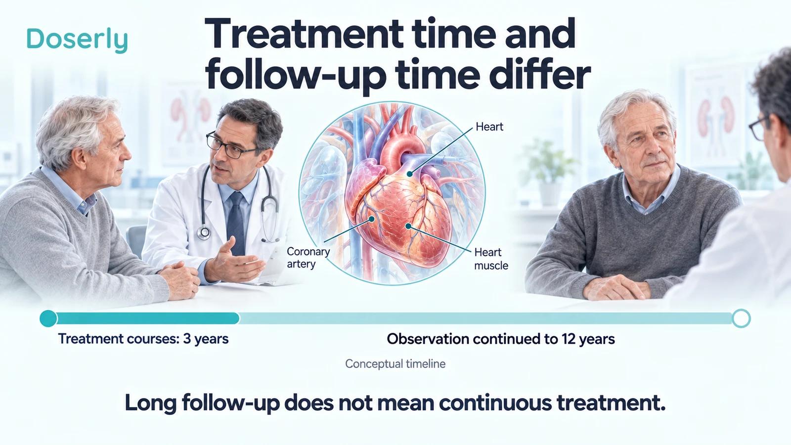 An older adult at two clinical visits connected by a conceptual timeline distinguishing three treatment years from twelve years of observation.