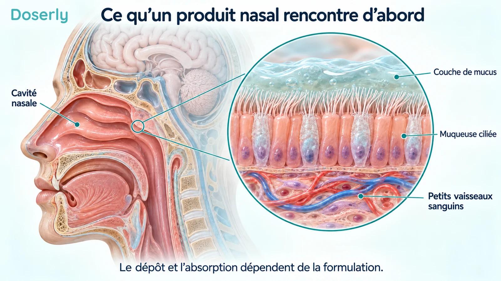 Une coupe sagittale de la tête et un agrandissement de la muqueuse nasale montrent le mucus, les cellules ciliées et les petits vaisseaux sanguins.