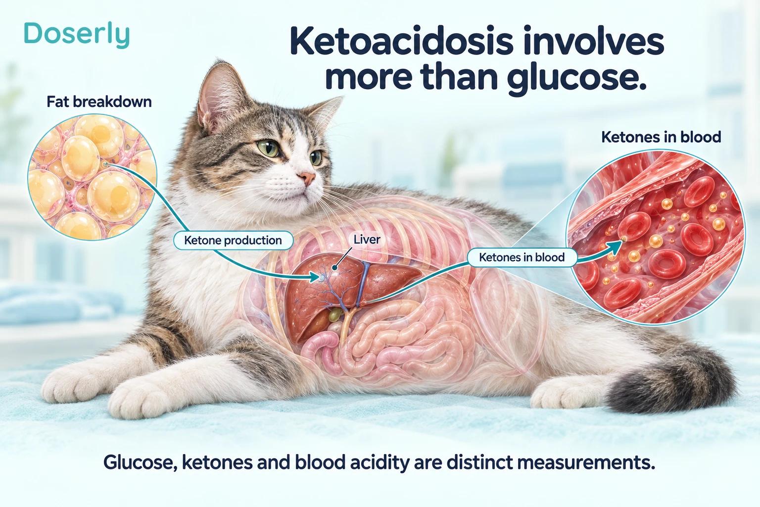 A cat with a translucent abdominal view connects an adipose-tissue inset to the liver and a blood-vessel inset.