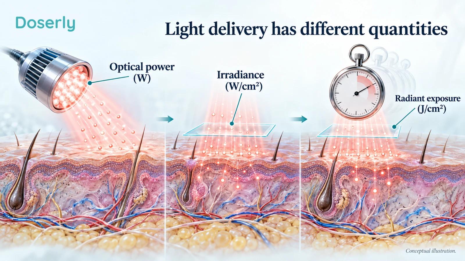A light source, a small skin surface and a timer illustrate optical power, irradiance and radiant exposure as separate quantities.