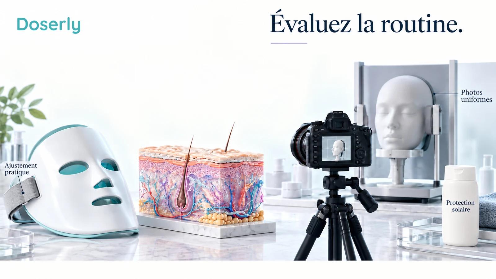Un appareil facial neutre et éteint repose près d’une représentation anatomique de la peau et d’un équipement d’évaluation photographique uniforme.