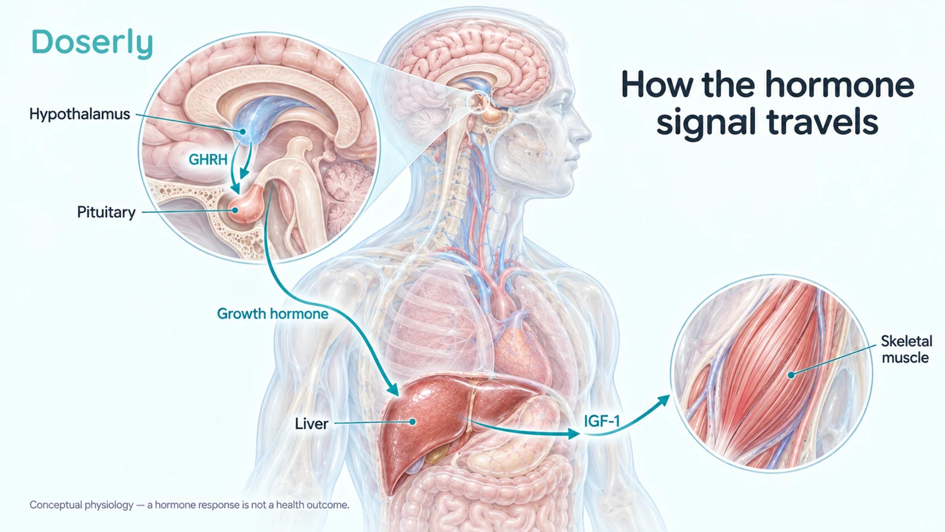 Conceptual hypothalamus, pituitary, liver and skeletal muscle illustrate the GHRH, growth hormone and IGF-1 pathway.